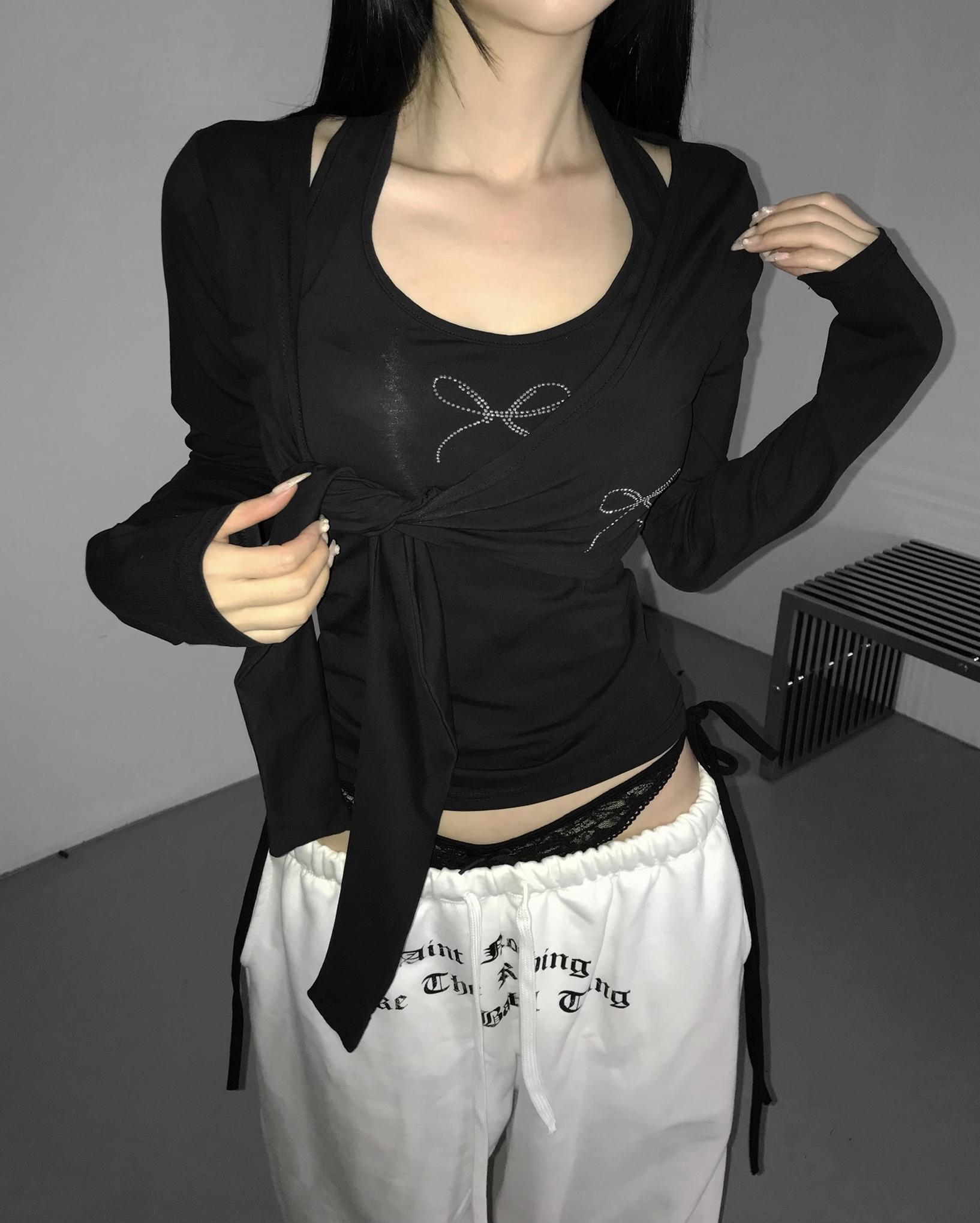 Layered Lace Waist Graphic Wide Leg Pants