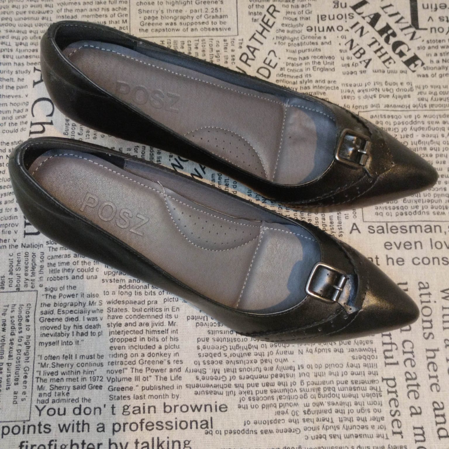 POSZ 女士黑色皮革高跟鞋，39 碼，帶裝飾扣