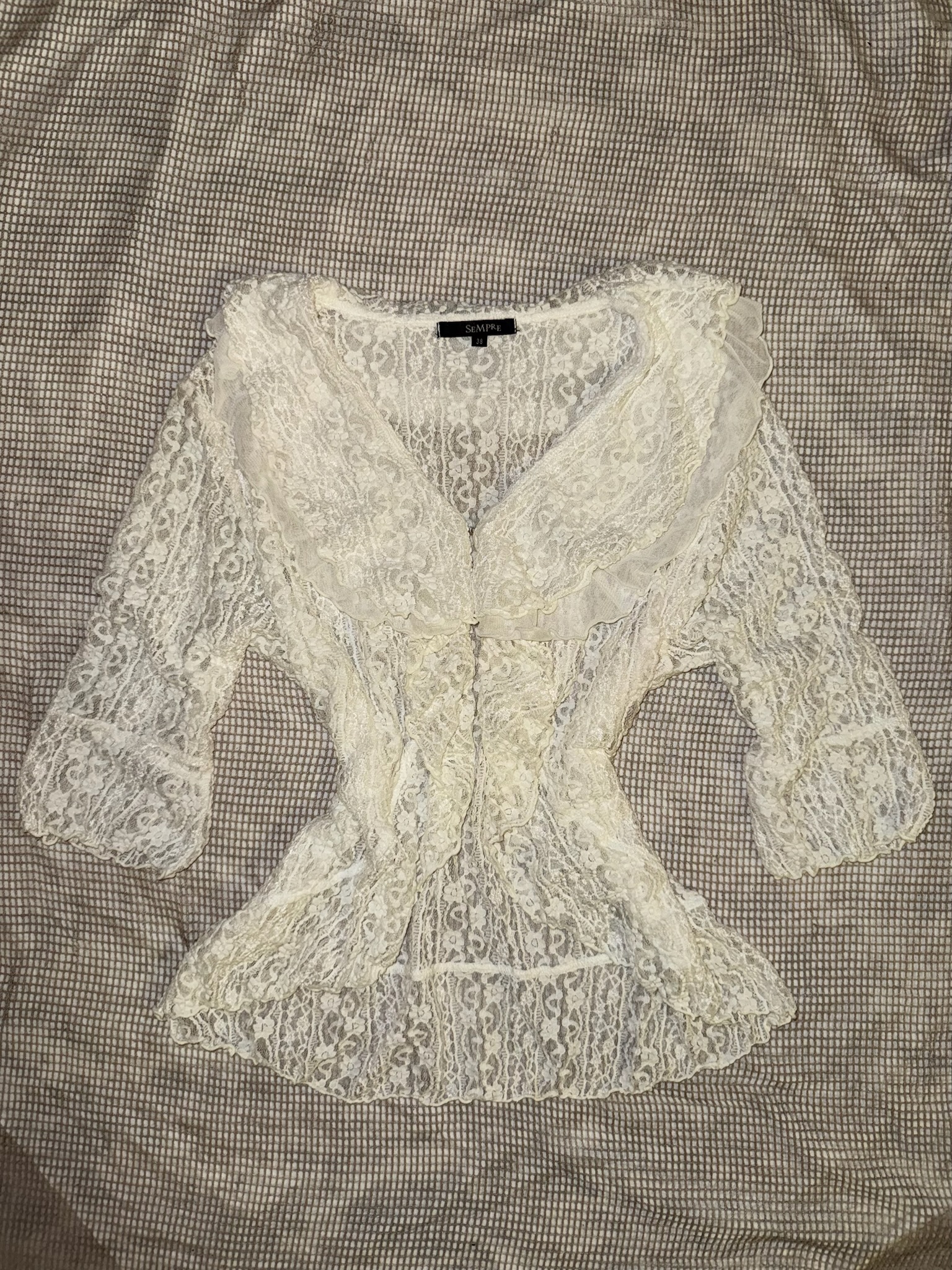Scalloped Trim Sheer Lace Cardigan with Ruffled Collar