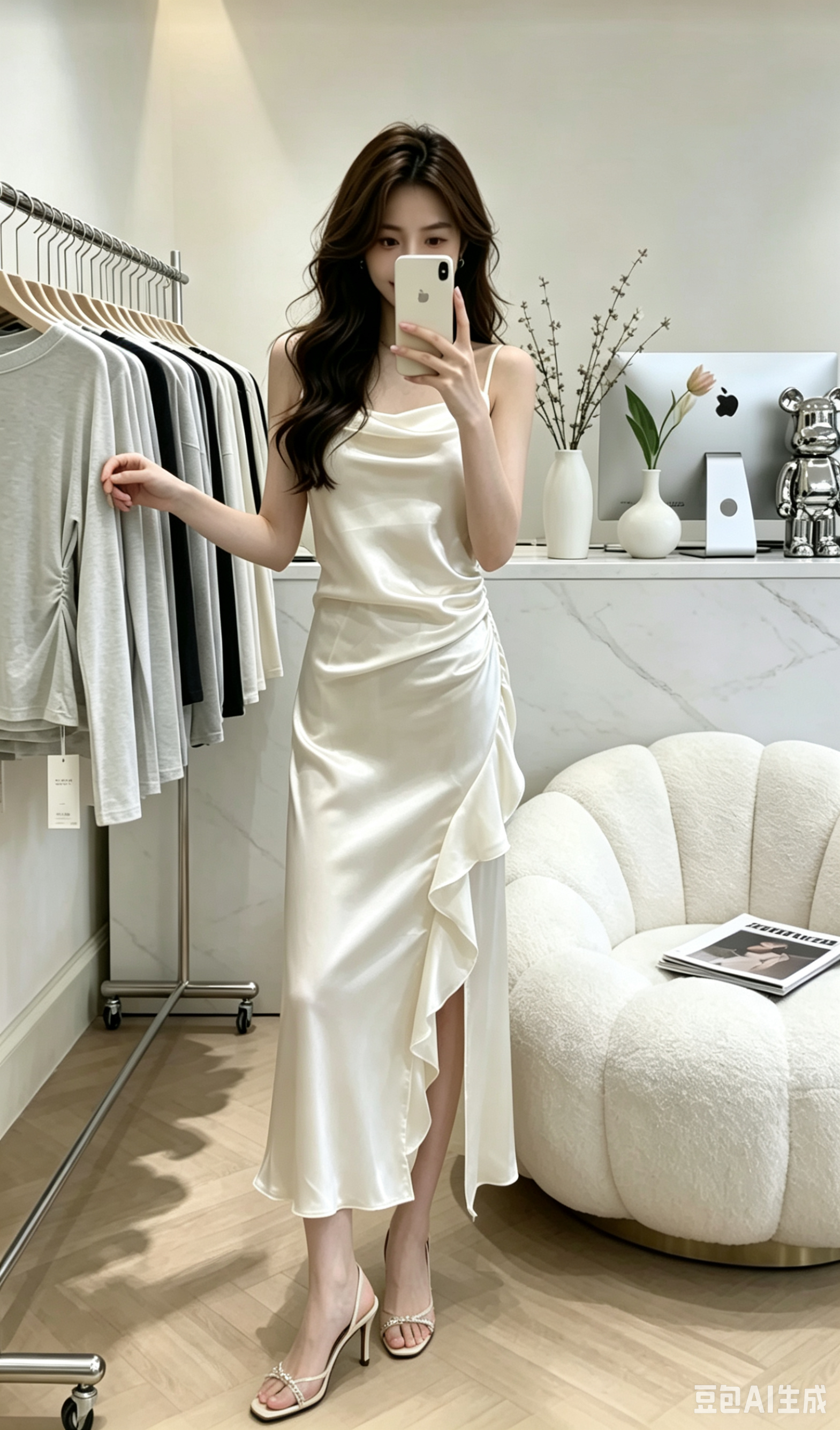 4442 Silk Ruffle 荡领荷叶边缎面吊带裙 