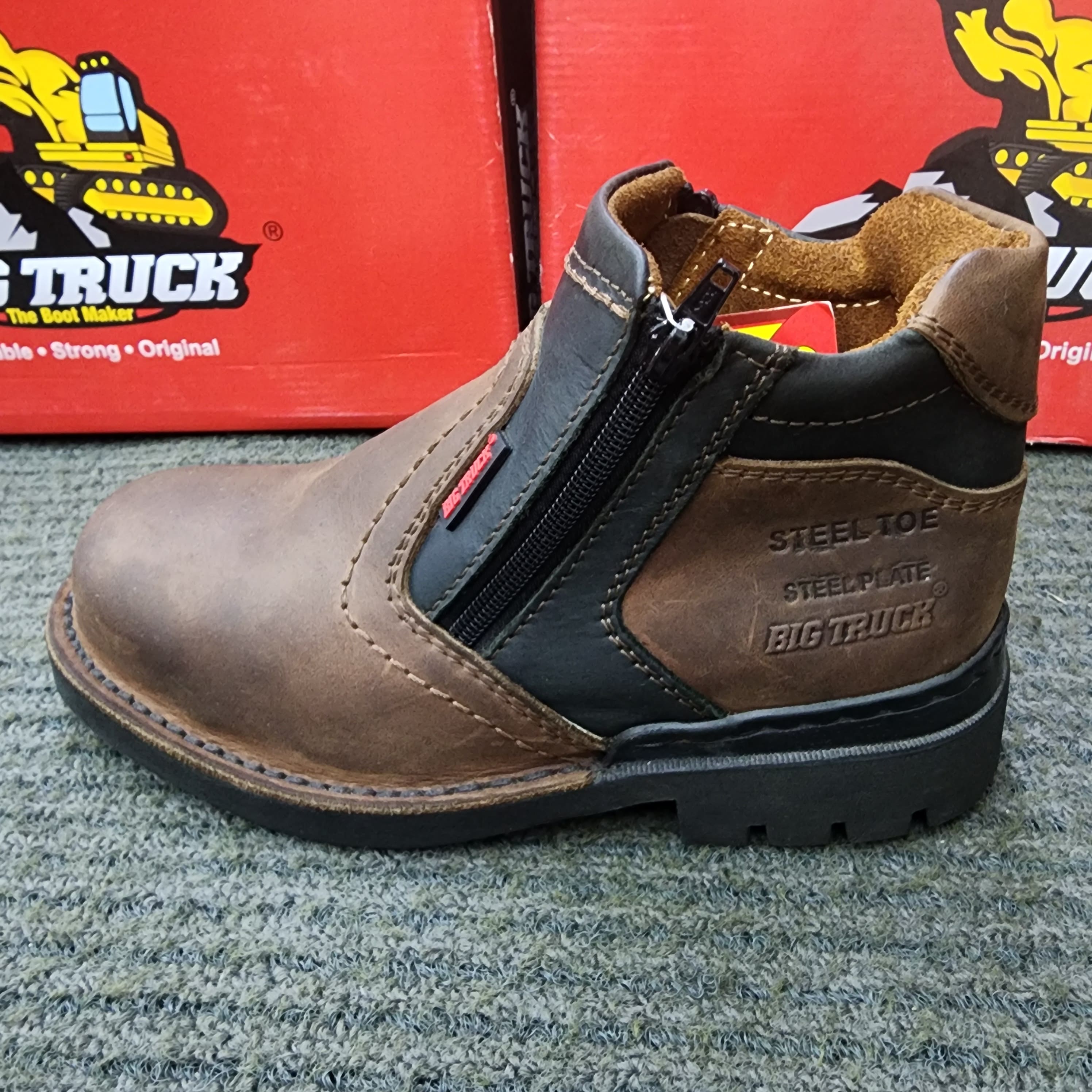 Big Truck SS 8019 Safety Shoe with Dual Zip MID CUT Brown Kasut Keselamatan