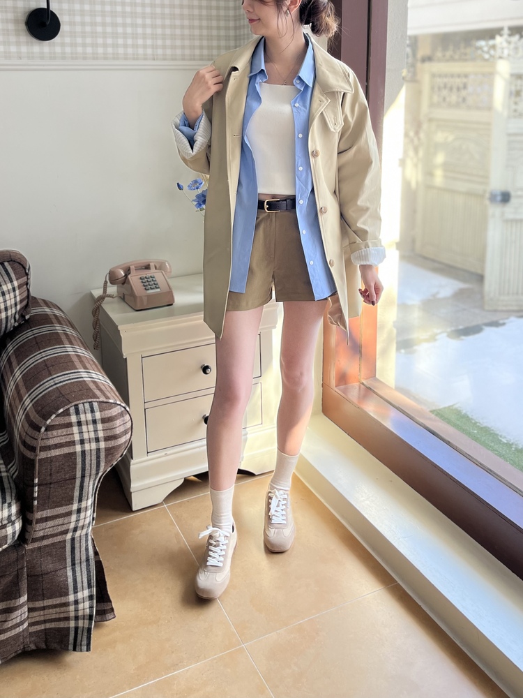 Stripe-Lined Relaxed Trench Coat (Beige)