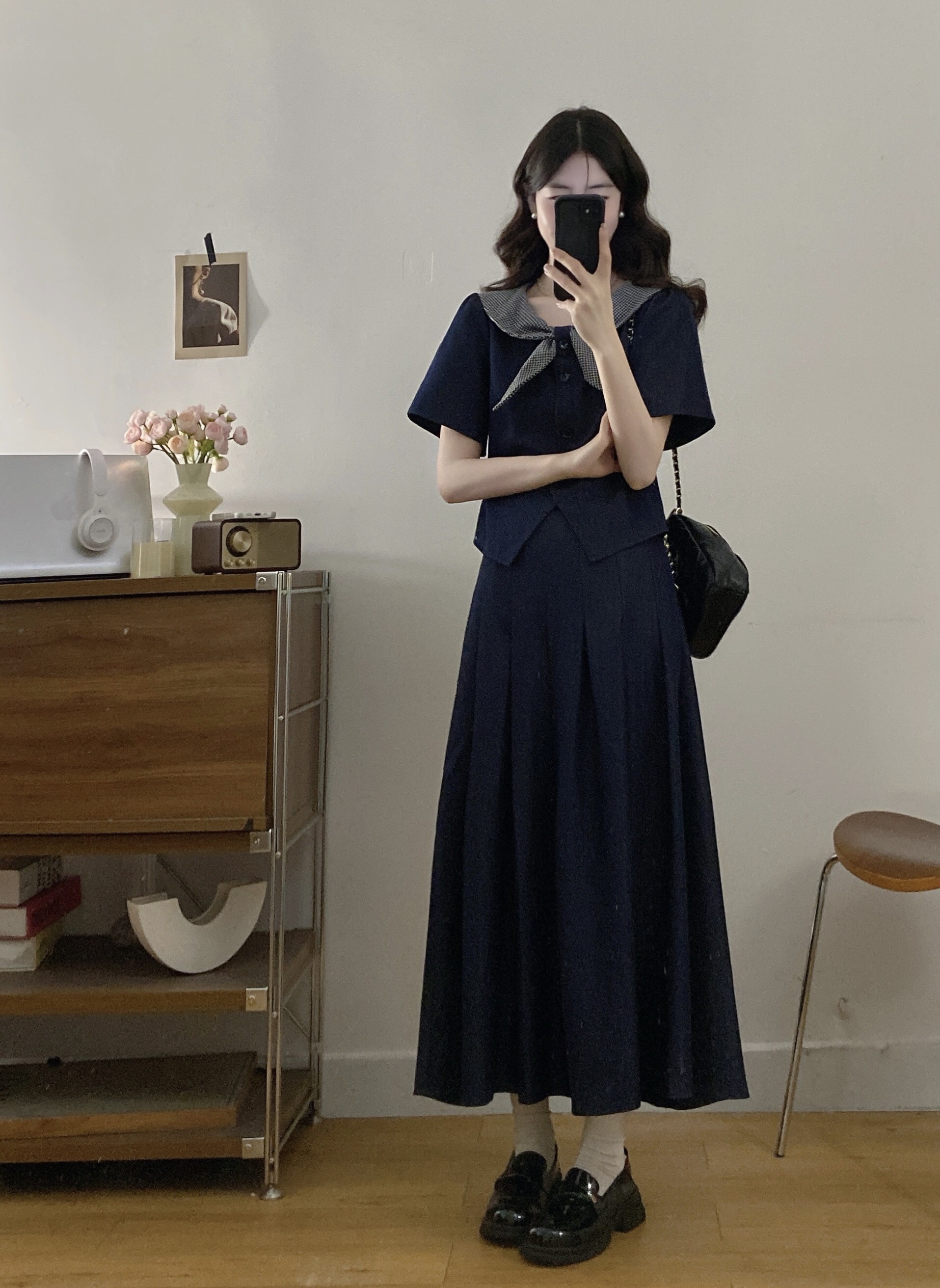 B237(3116) 韩系冰丝JEANS气质拼接格纹娃娃领上衣与百褶长裙蓝套装