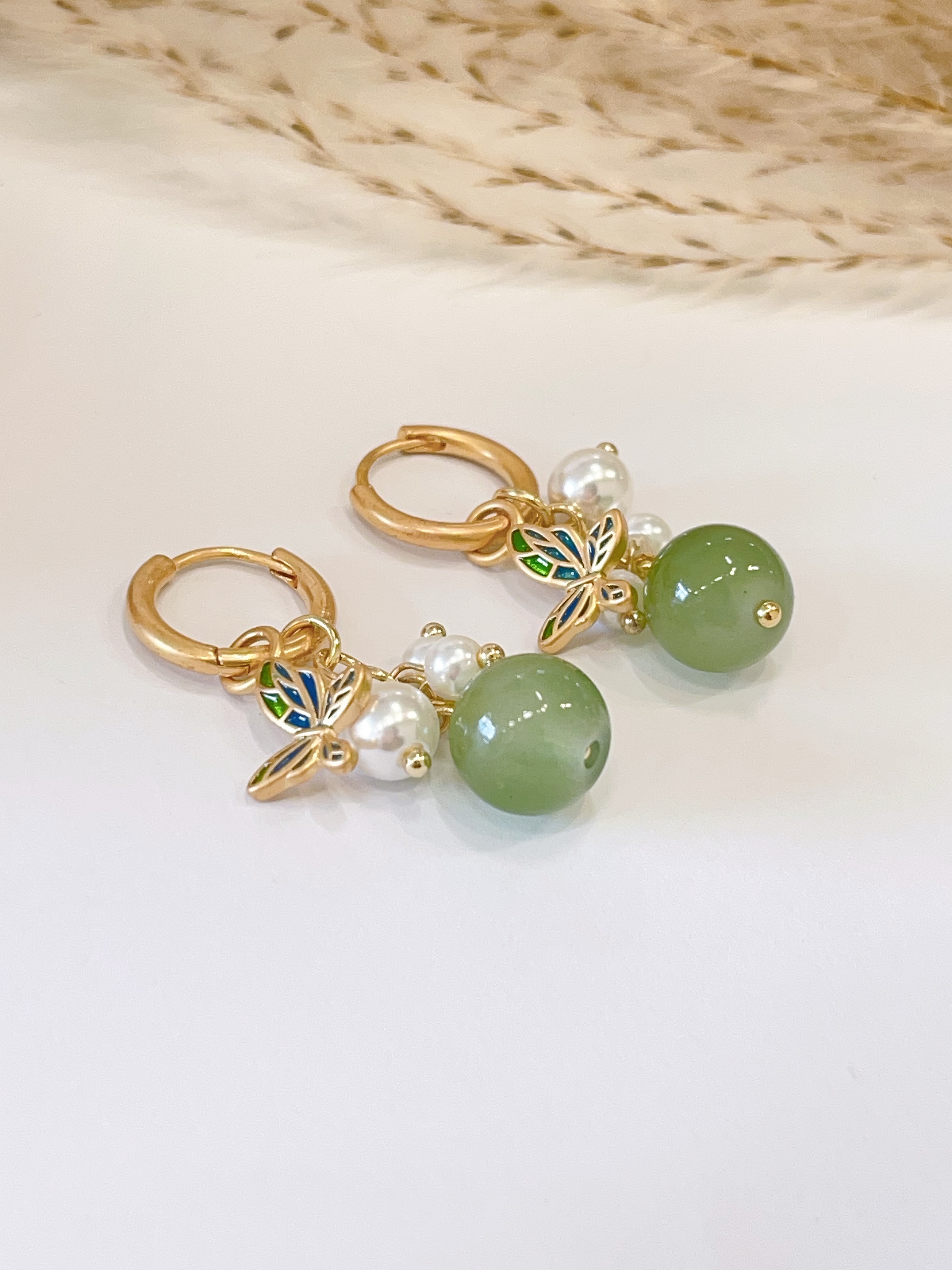 新中式蝴蝶珍珠玉珠耳环