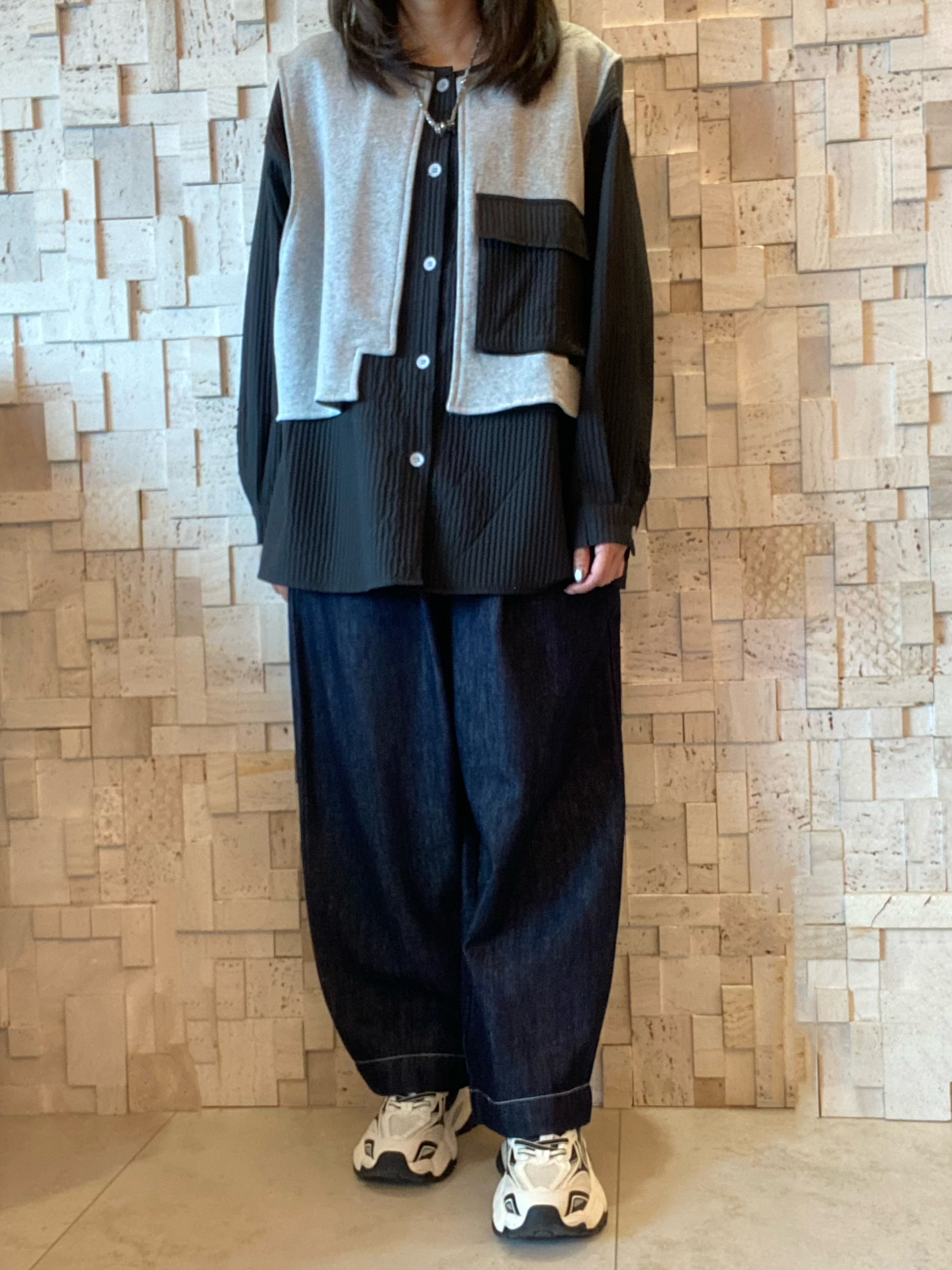 #2069 闊身假兩件長Top