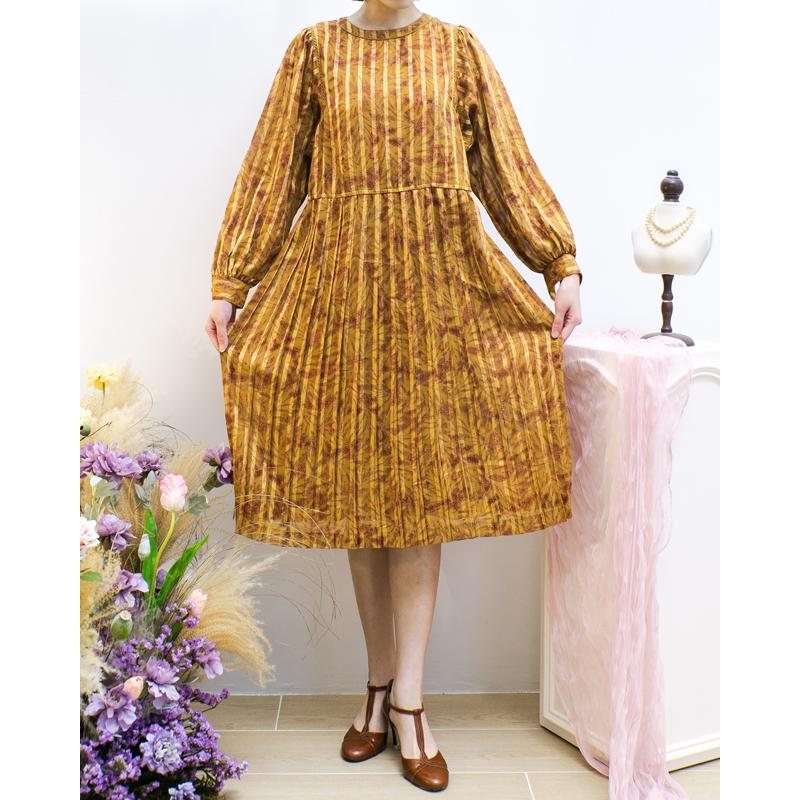 Vintage Japanese Brown and Yellow Vertical Stripe and Leaf Pattern Day Dress（MT1608-76)