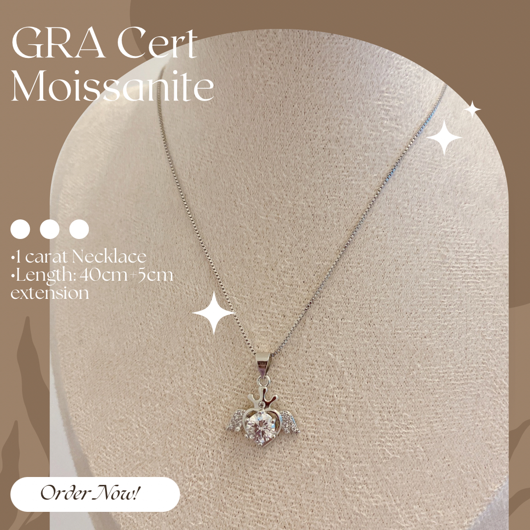 GRA Moissanite Necklace Collection - Heart Wing Pendant in Red Velvet Box