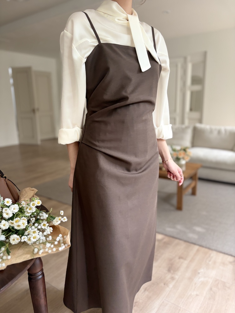 Gathered Adjustable Cami Dress (Brown)