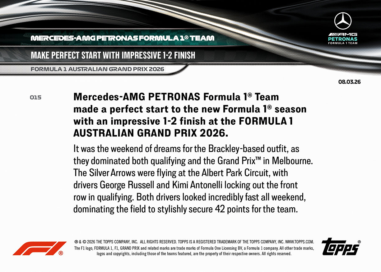 Mercedes-AMG Petronas F1 Team - 2026 F1 Topps NOW® #15 Australian GP 開幕戰包辦冠亞軍卡｜PR 2,144