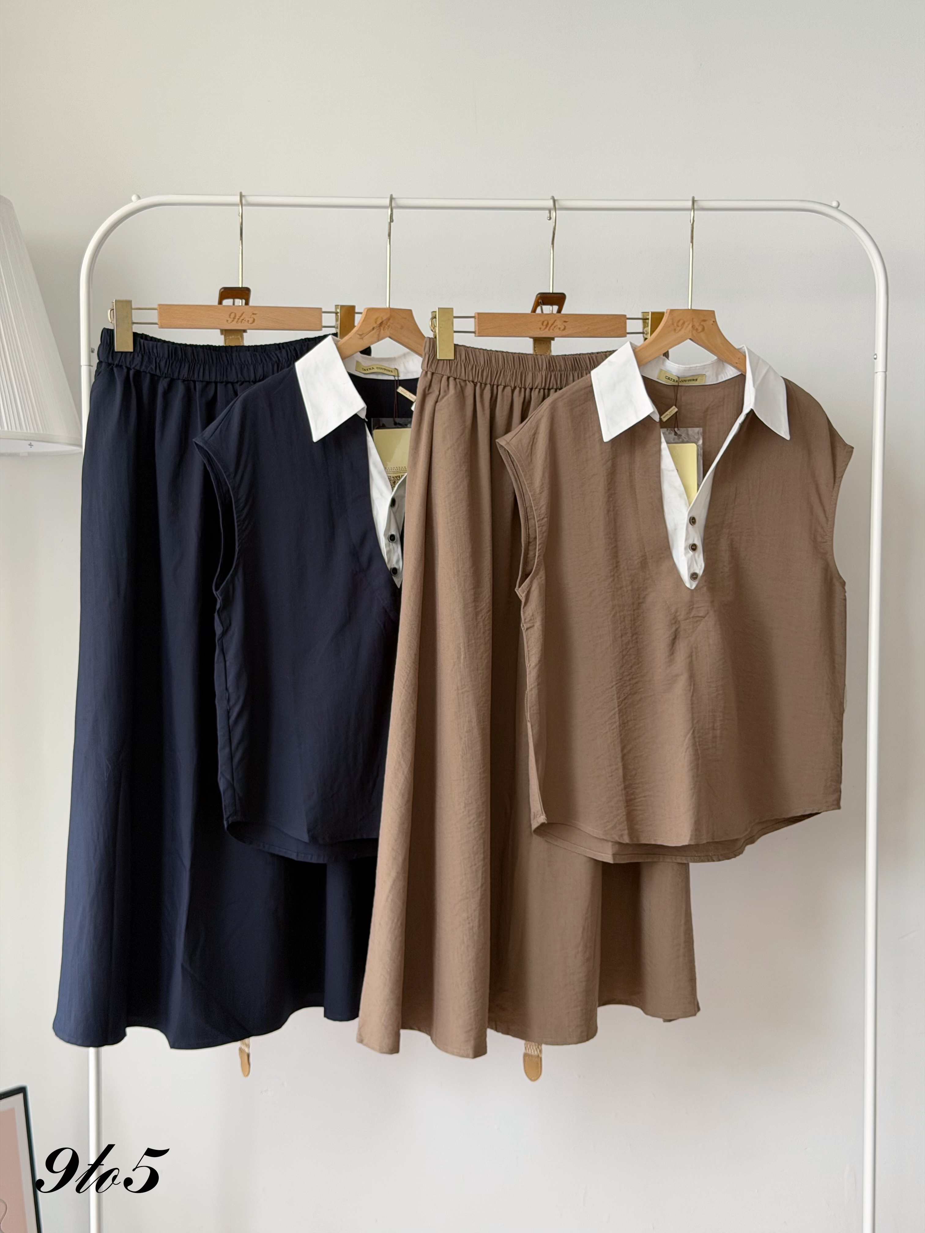 D2381 Fake Two-Pieces Matching Set - Brown & Navy