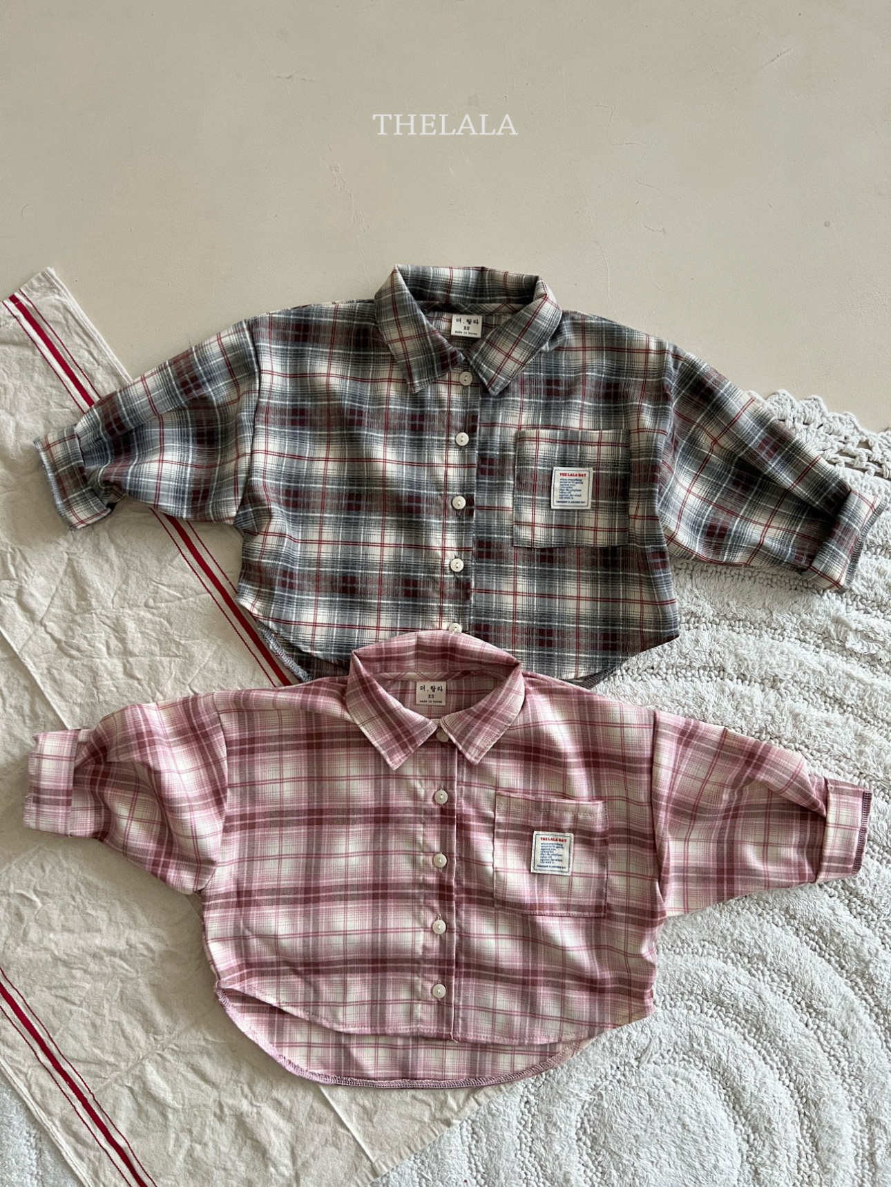🌸預訂 韓國直送🌸🇰🇷THELALA兩色標籤口袋格紋長袖恤衫