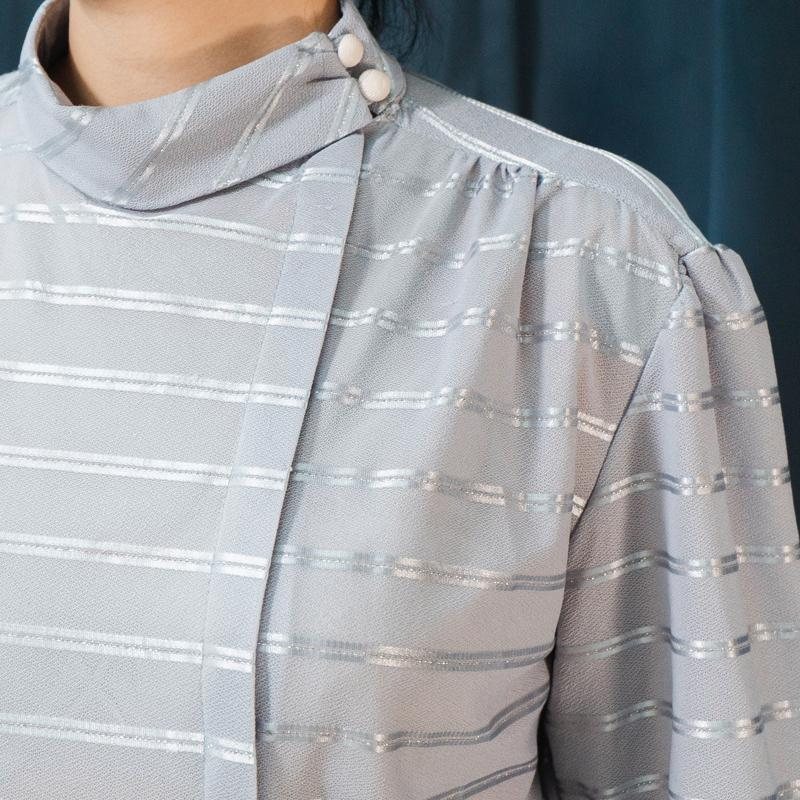 Vintage Light Grey Shiny Stripe Pattern High Collar Side Button Blouse Shirt (MT1606)