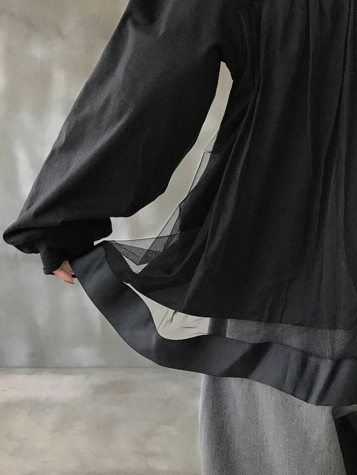 黑色寬鬆網紗拼接連衣裙