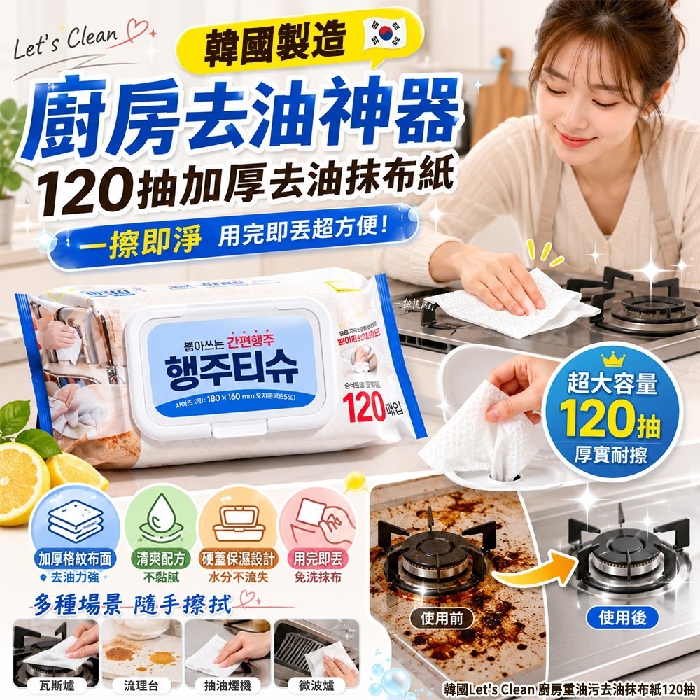 【預訂】韓國 Let's Clean 廚房重油污去油抹布紙 (1包120抽)
