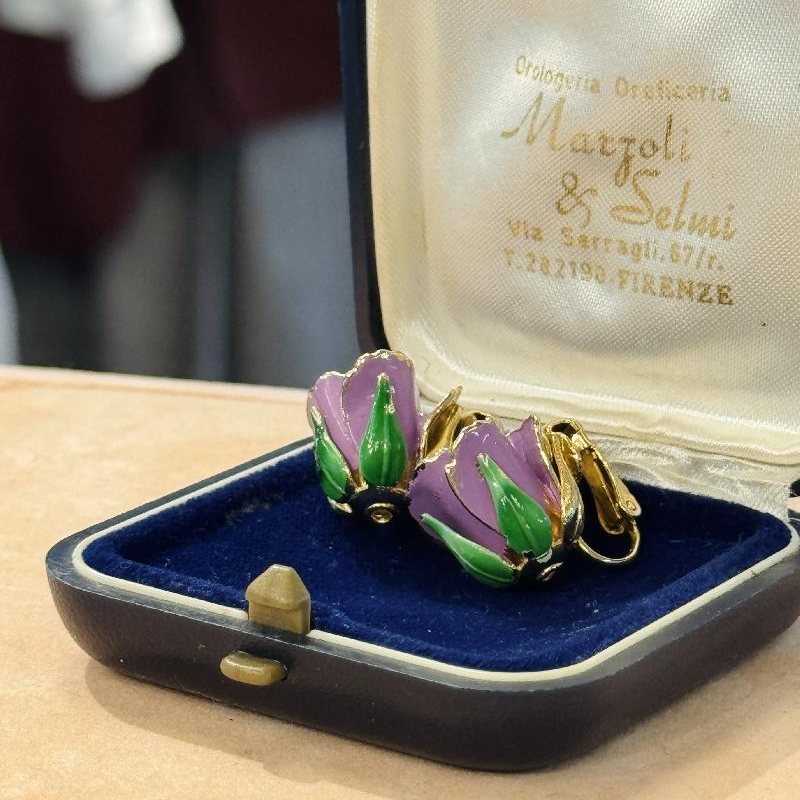 Vintage 3D Purple Rose Bud Clip Earrings from Germany (C038)