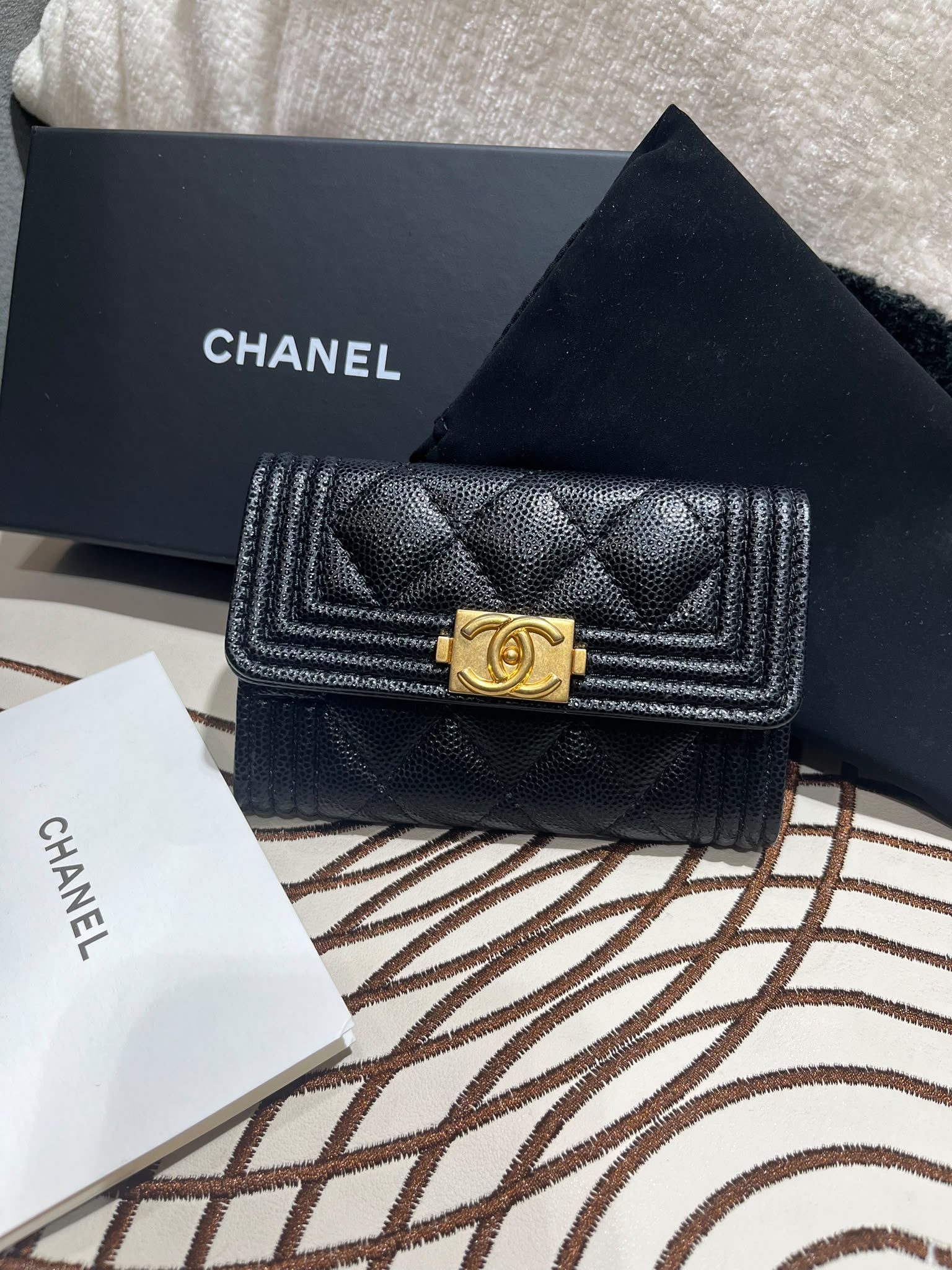 全新 Chanel boy card holder 黑色魚子醬牛皮復古金 100%Authentic, 全新貨品 ✅chip, ✅dust bag ✅box