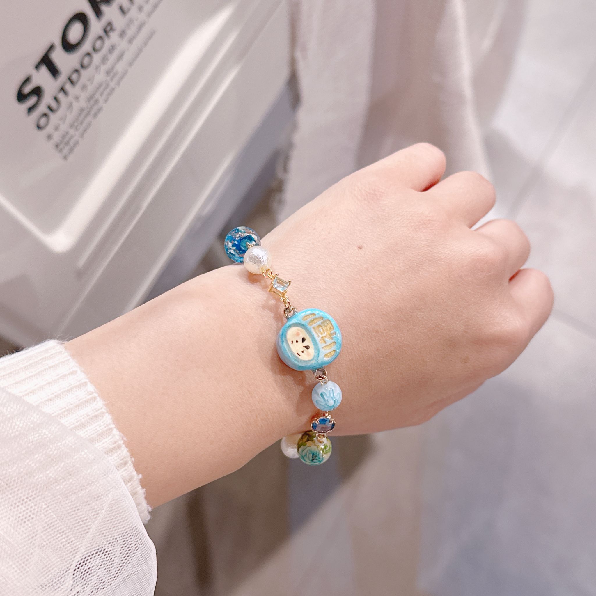 14K包金 手繪粉藍達摩 鋯石 玻璃珠 手鏈