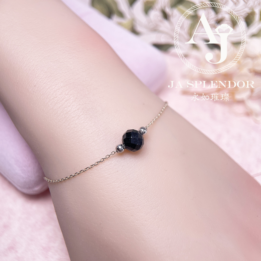 D-06B 天然翡翠A玉 墨翠鑽石切割平安幸運純銀手鏈