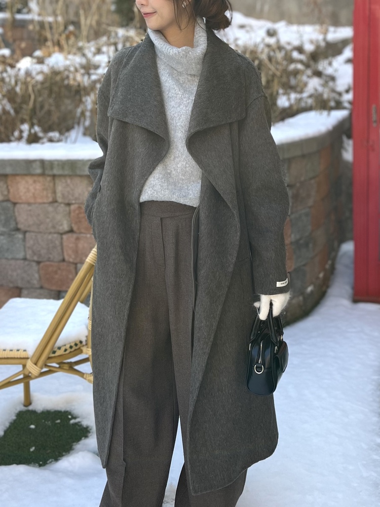 [70% Wool] Parisian Belted Wool Coat (Dark Grey)