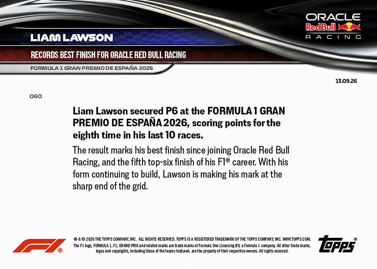 Liam Lawson - 2026 Formula 1® Topps NOW® #60【團購】