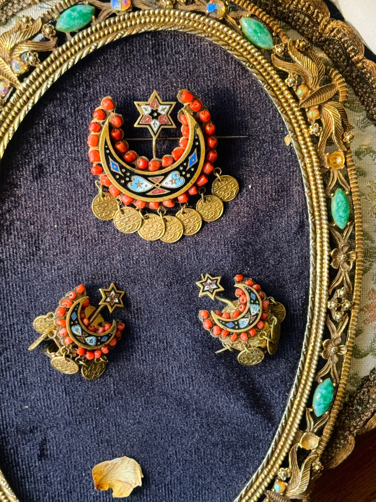 C.a. 1830s–1880s Ottoman Coral & Enamel Crescent Moon and Star Brooch and Earrings Demi-Parure (MT2653)