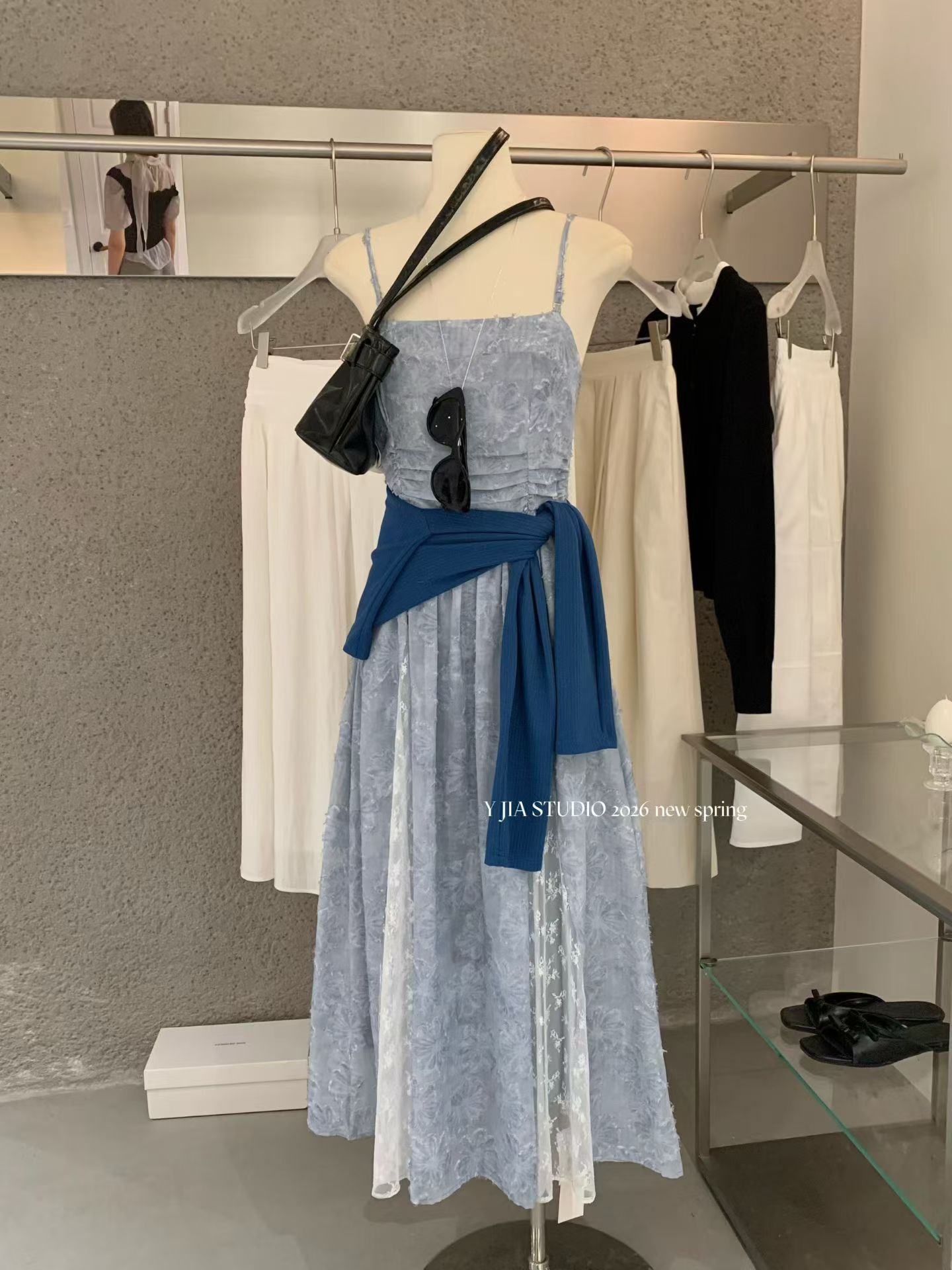 1746 Misty Blue Cami Dress Set雾蓝提花长裙套装
