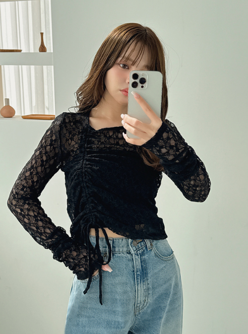 抽繩蕾絲上衣 [fo2137]