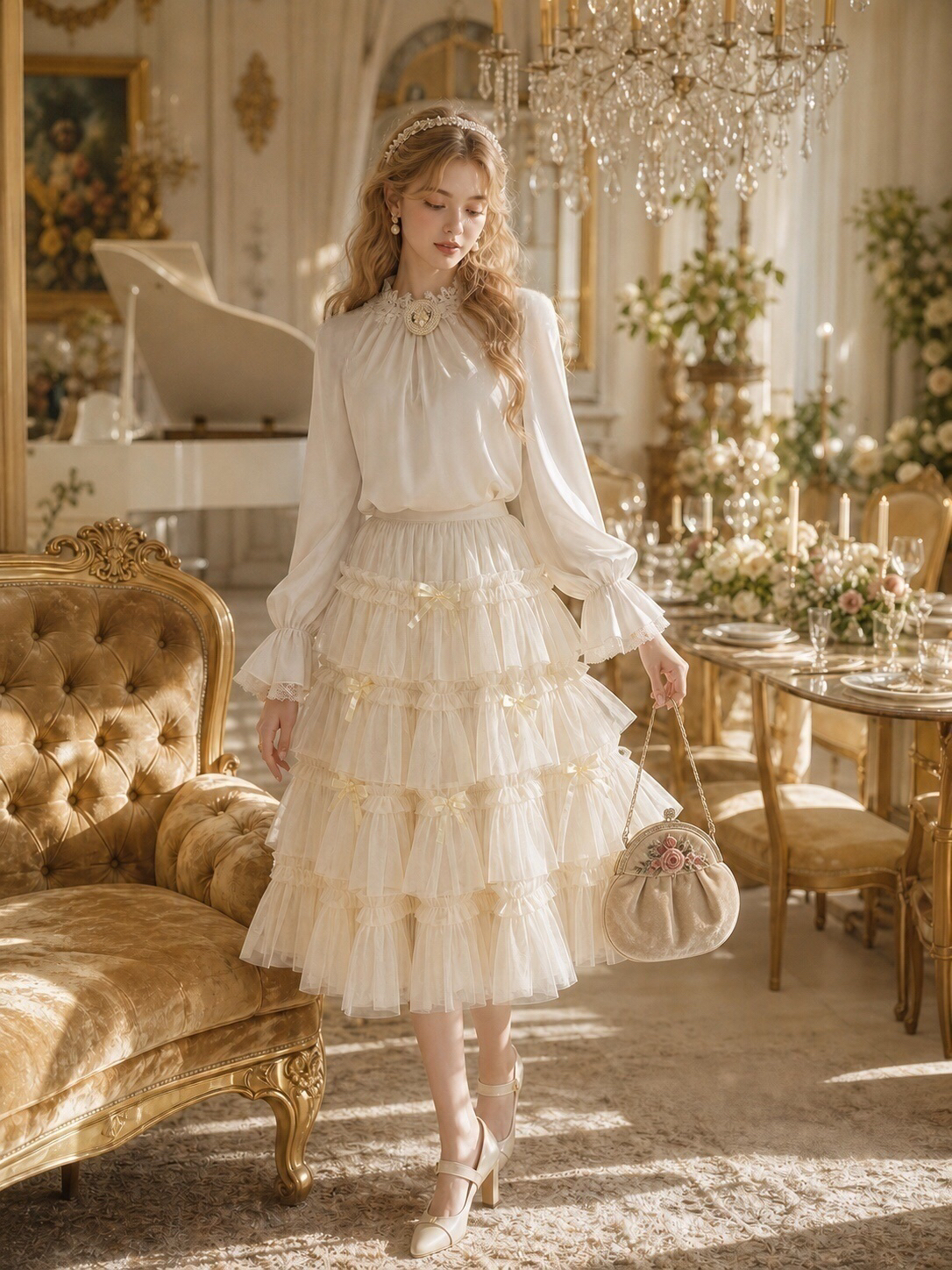 凡爾賽宮廷珍珠蕾絲襯衫 Versailles Court Pearl & Lace Blouse & 幻彩流光蝴蝶結蛋糕裙 Chimeric Shimmer Bow Tiered Cake Skirt