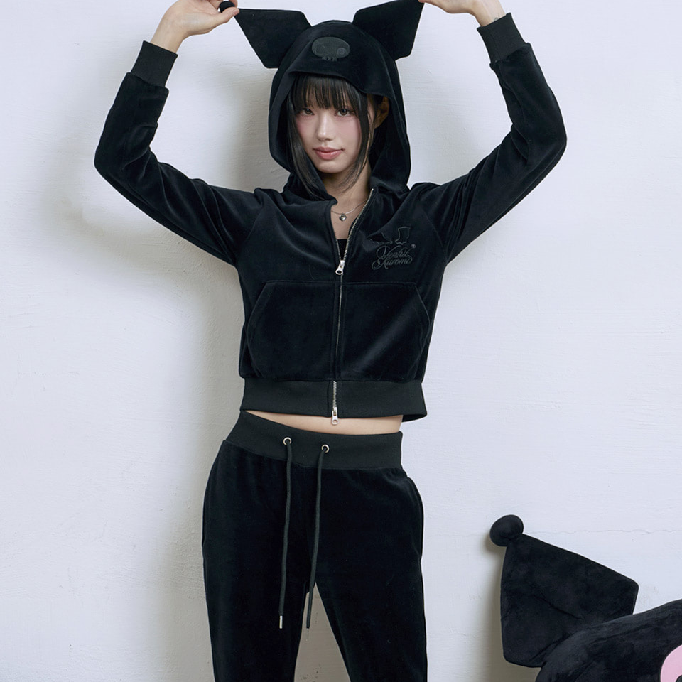 Venhit x Kuromi Velour Crop Zip-up Hoodie Black