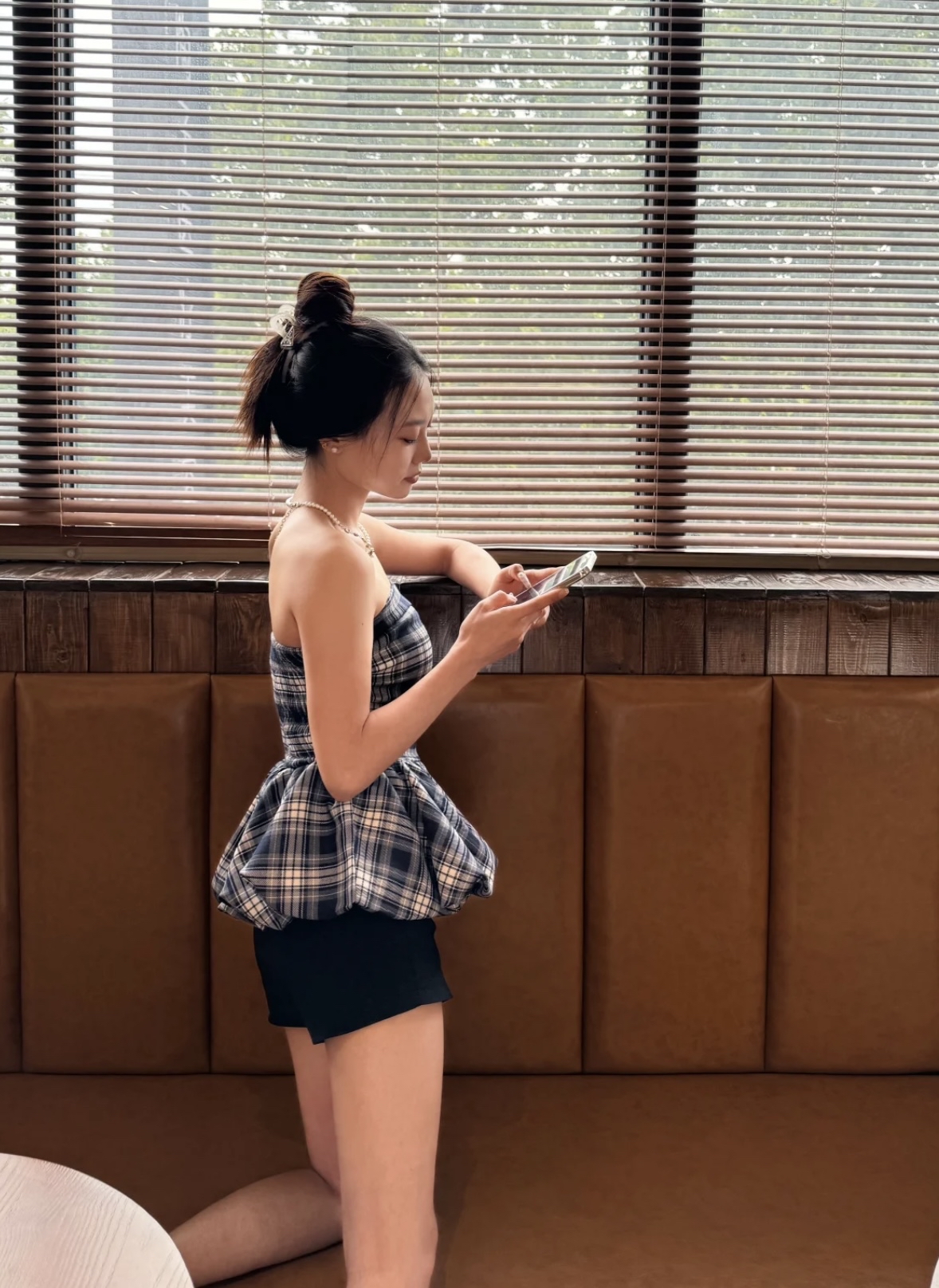 TP475抹胸格子花苞上衣
