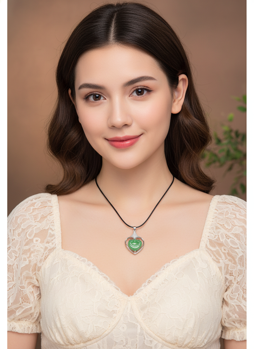 JNS-307 天然翡翠A玉 滿綠心心相印純銀吊墜