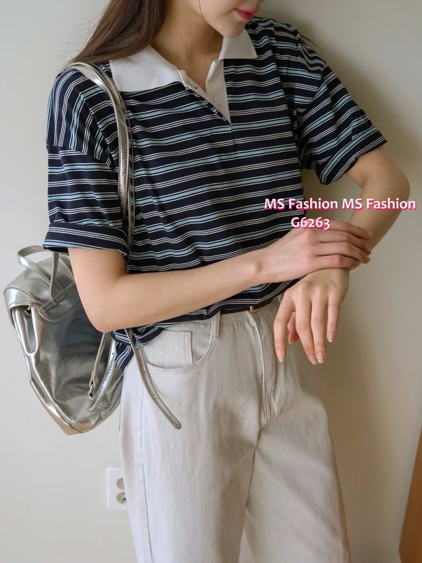 G6283 韓國🇰🇷拼色反領橫間top