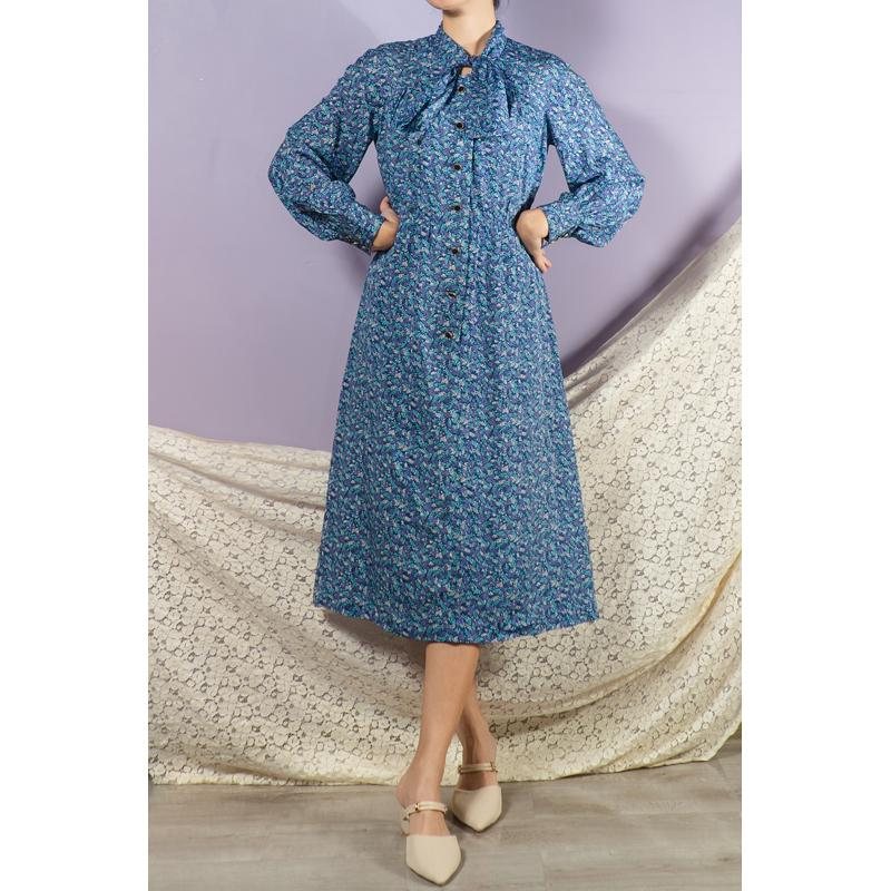 Vintage Japanese Trio-Colour Floral Pattern Tie Collar Day Dress (MT1608-129)