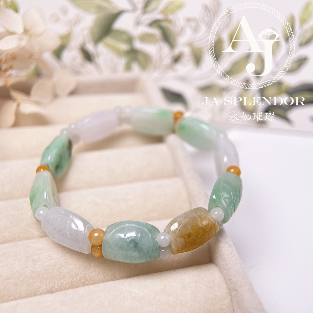 OF-06-B 天然翡翠A玉 - 冰潤三彩長壽吉祥龜貝手串