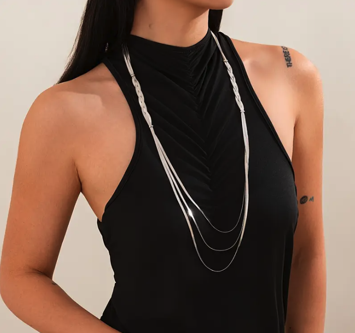 Silver Braid Multi Layer Long Necklace