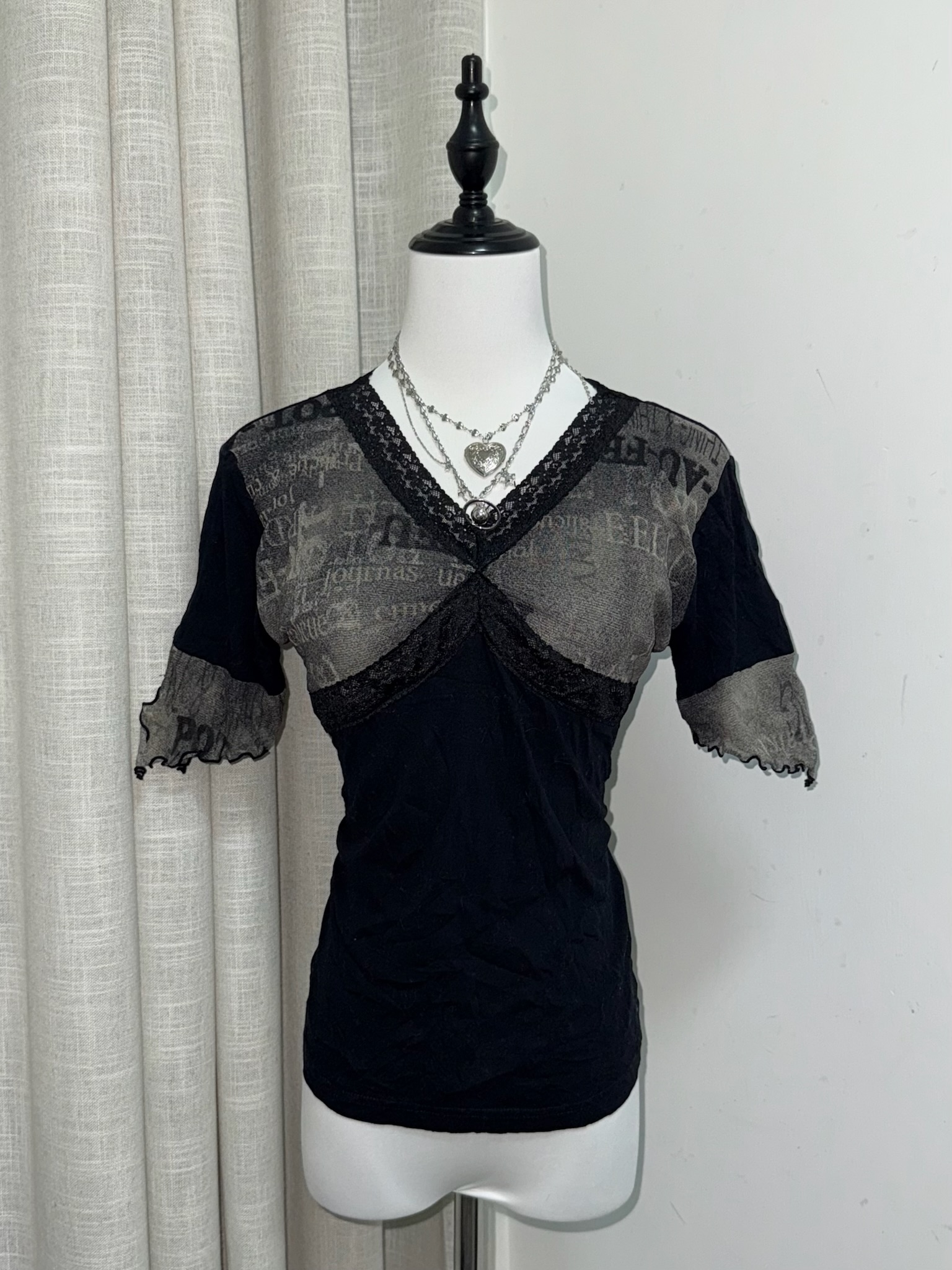 Grunge Aesthetic Graphic Tee with Lace Trim