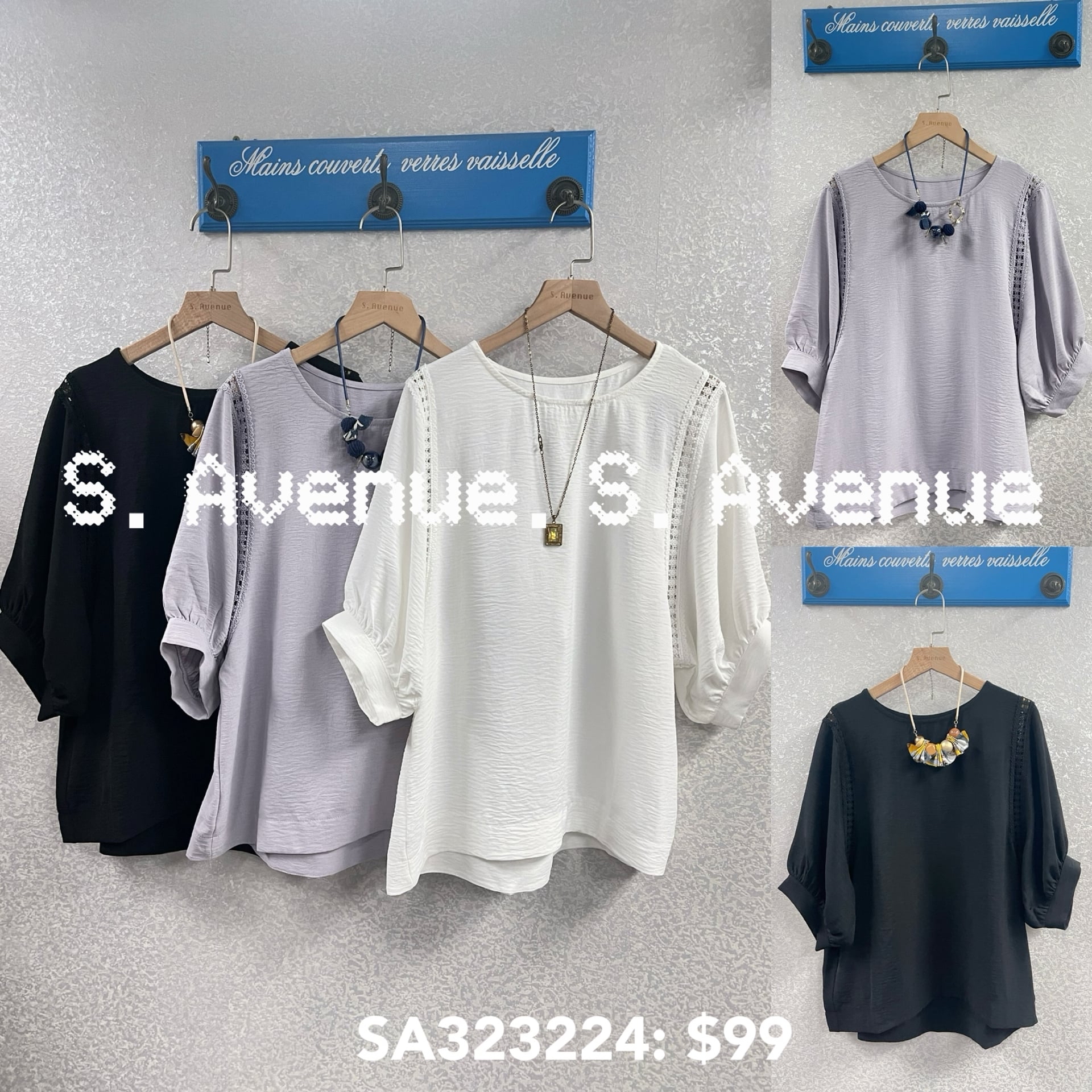 SA323224: 中袖側通花pattern雪紡top