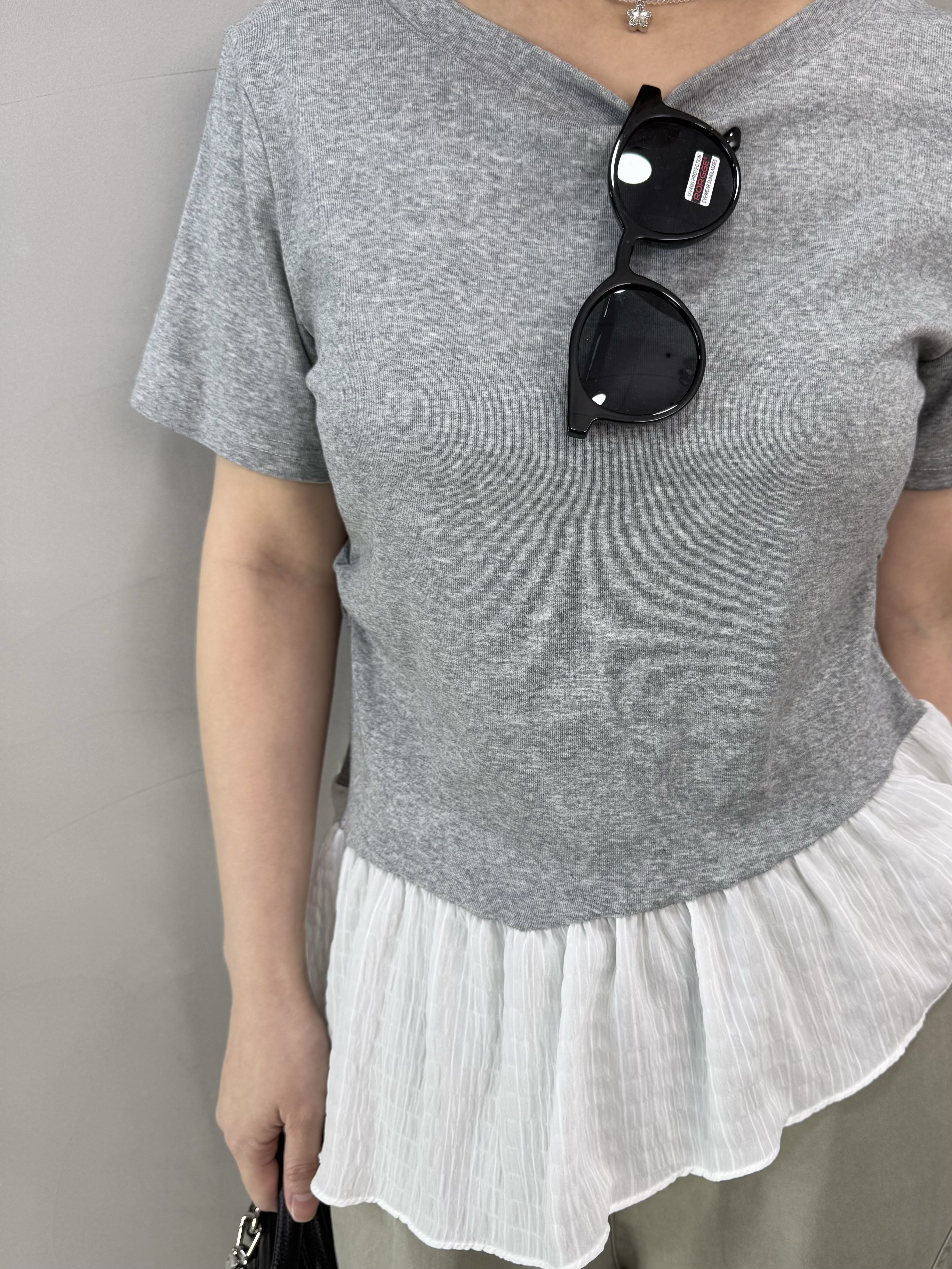 S76 棉質拼斜腳ruffle top