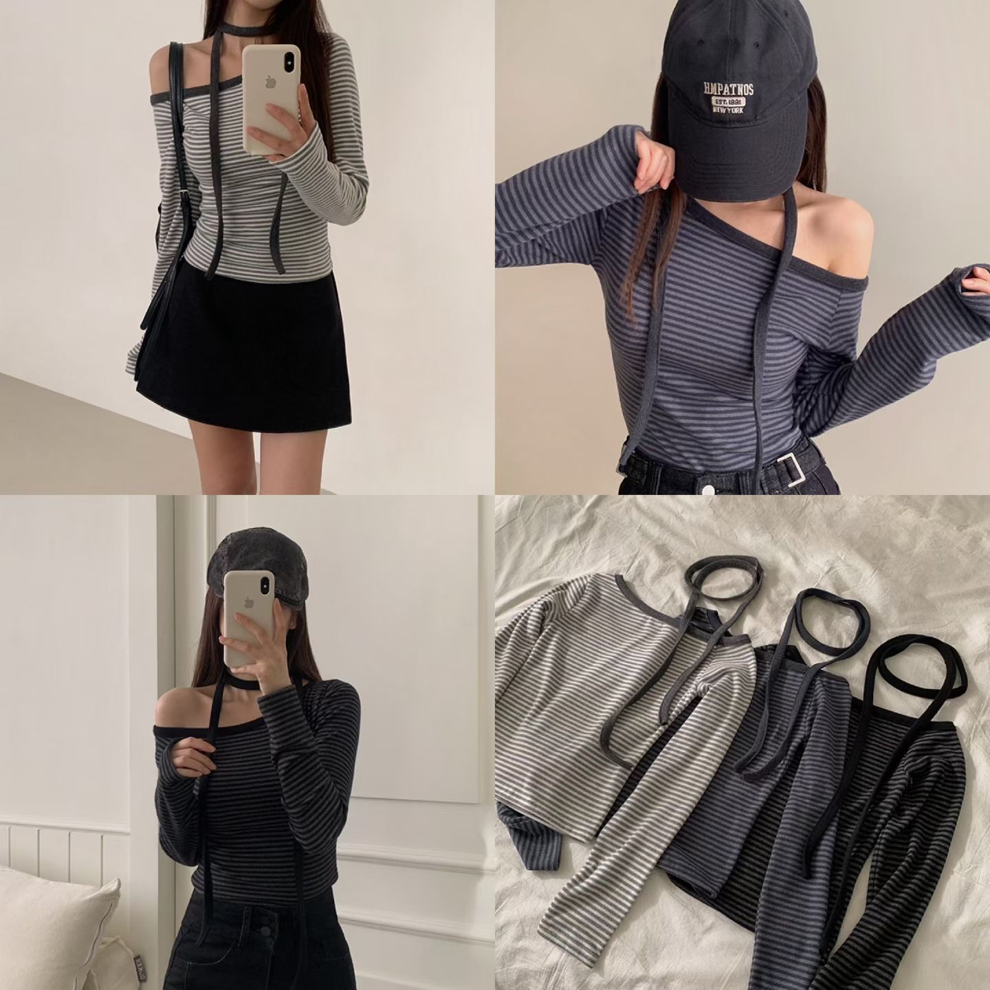 已售罄❌韓國間條露膊長袖Top + 掛頸繩