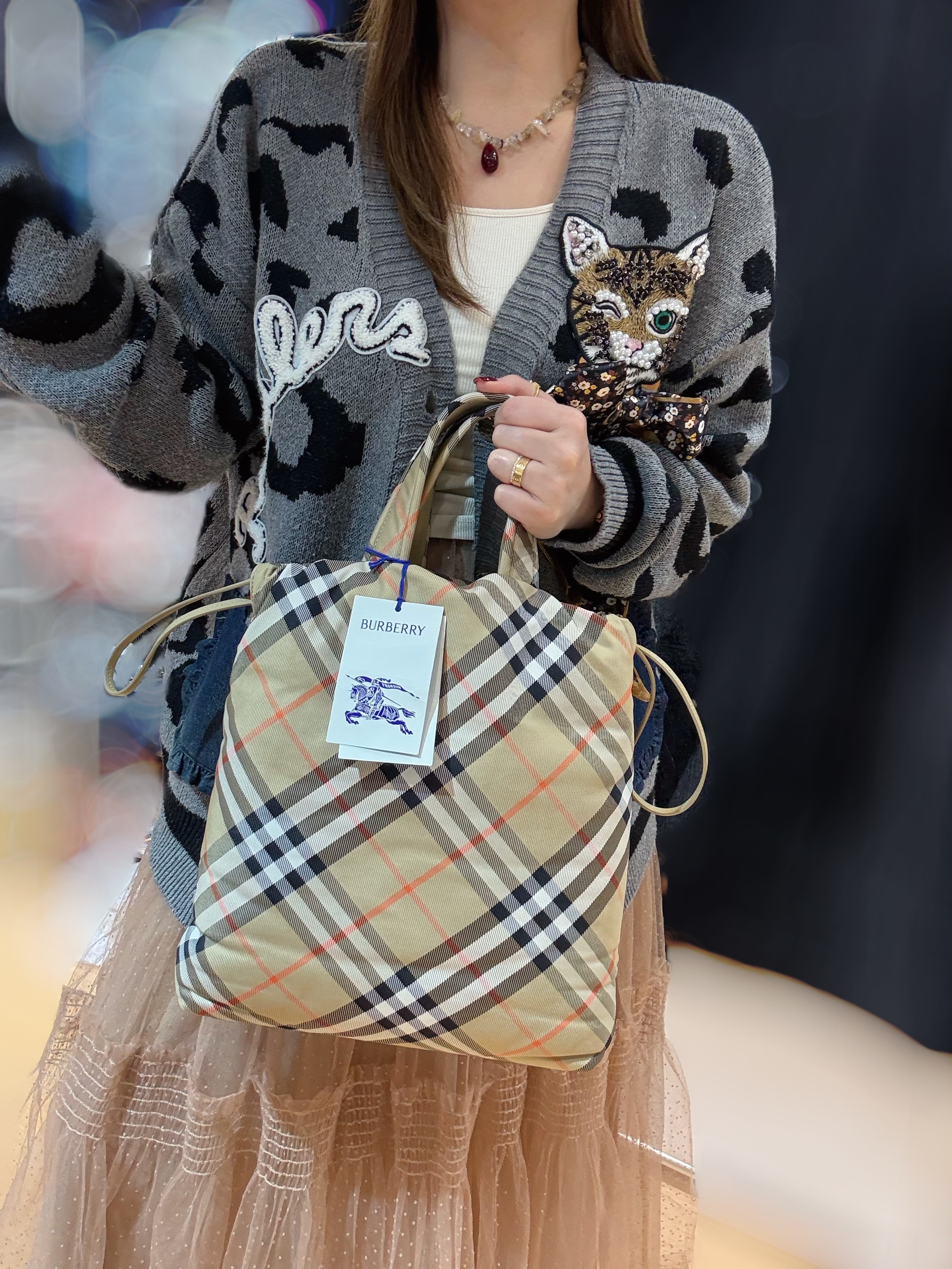 Burberry Drawstring check tote sand