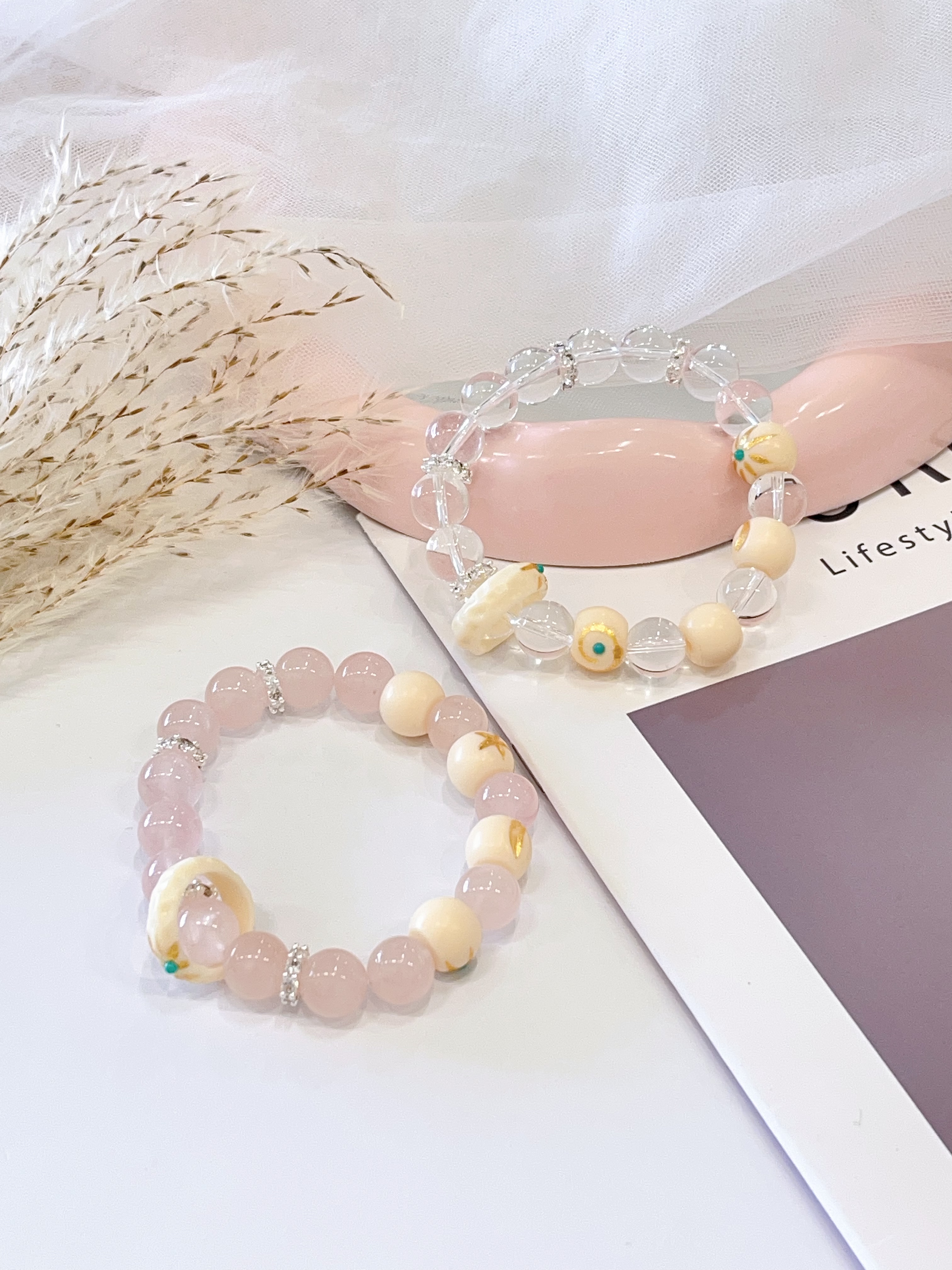 🤍 白水晶 × 粉水晶 × 象牙果手串 Clear Quartz, Rose Quartz & Tagua Nut (Vegetable Ivory) | 11mm