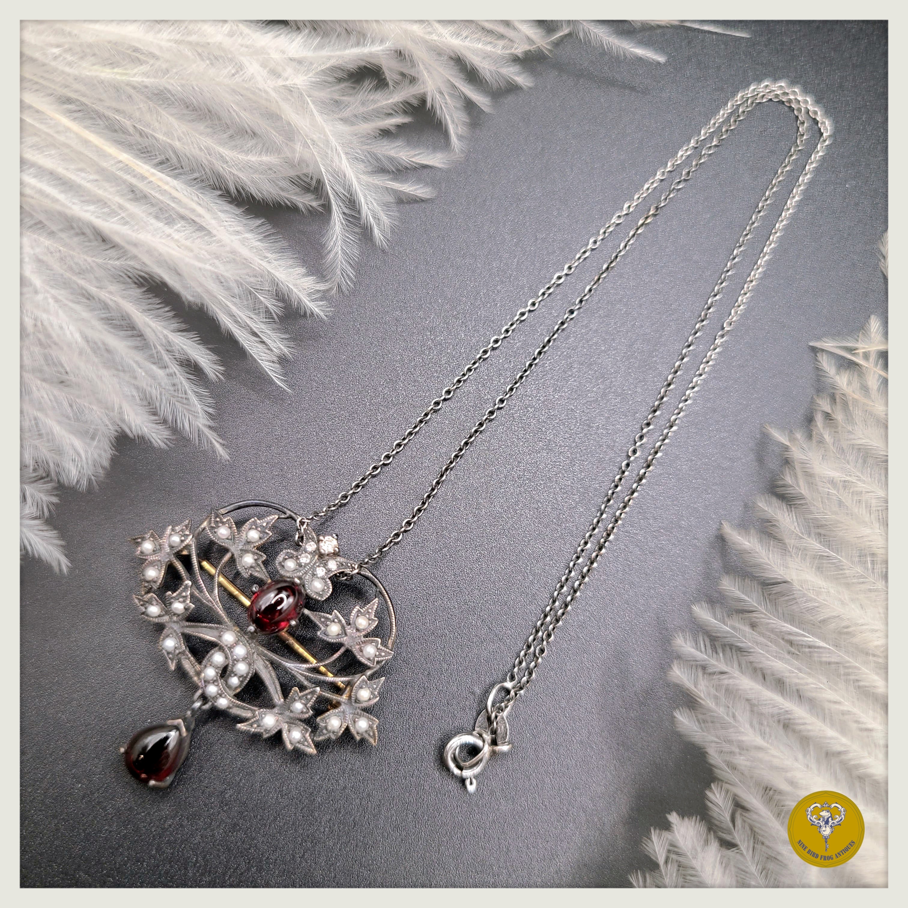 愛德華時期籽珠石榴石鑽石9k金及銀胸針