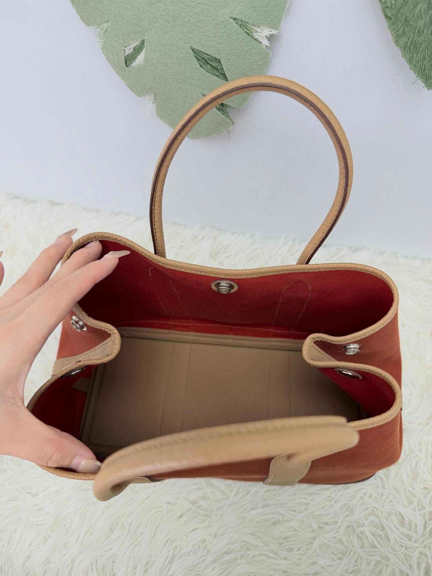 Hermes🤍PRE OWNED Garden Party 30橙色帆布拼餅乾色皮 手提包 🧡