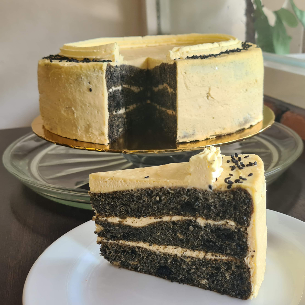 Keto Black Sesame Cake with Matcha Cheese Frosting