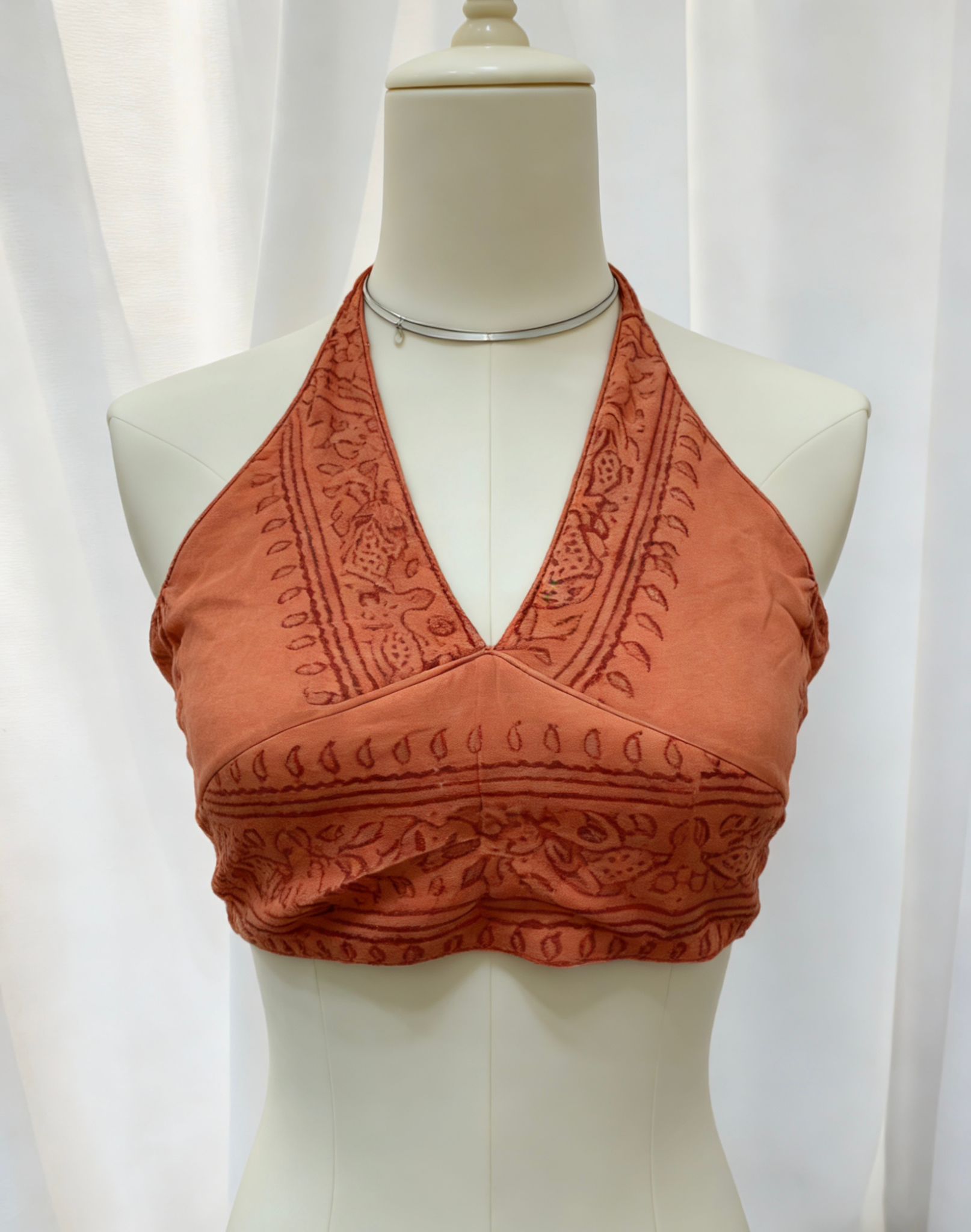 復古印花露背綁帶上衣