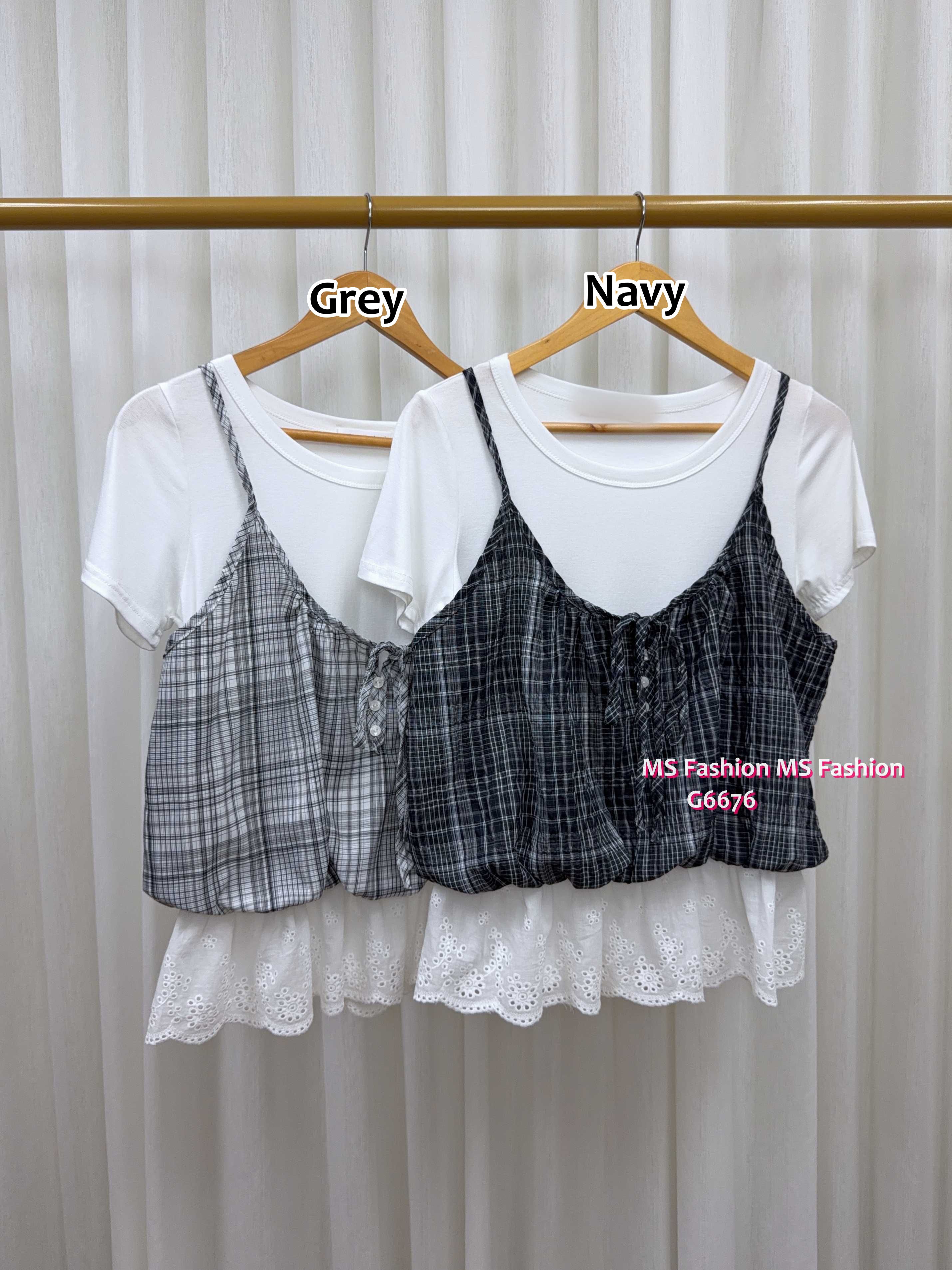 G6676 格紋假兩件top