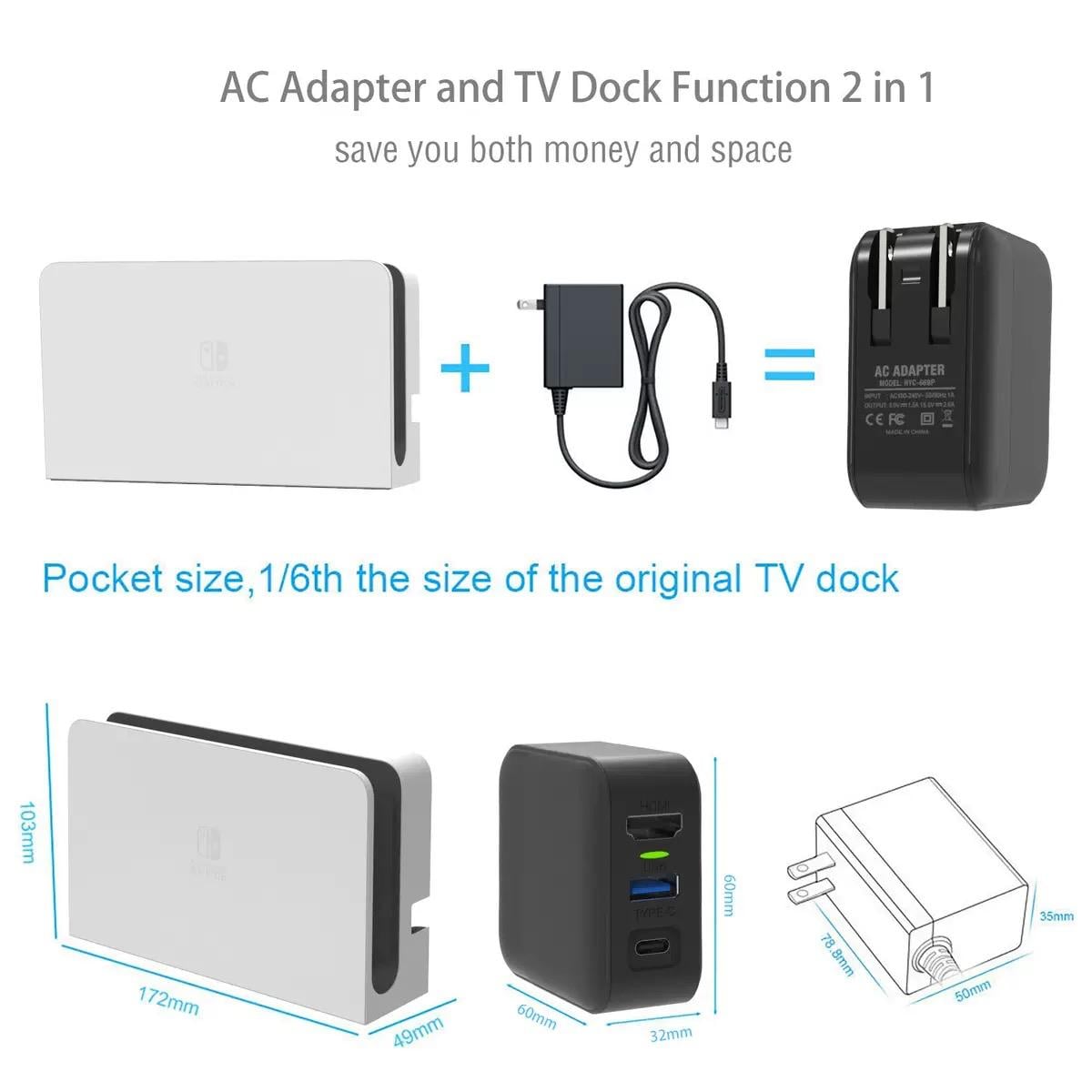 Nintendo Switch / Nintendo Switch 2 專用多功能 4K 充電轉接座 (直出電視) / Multifunctional Dock AC Adaptor (65W GaN) 