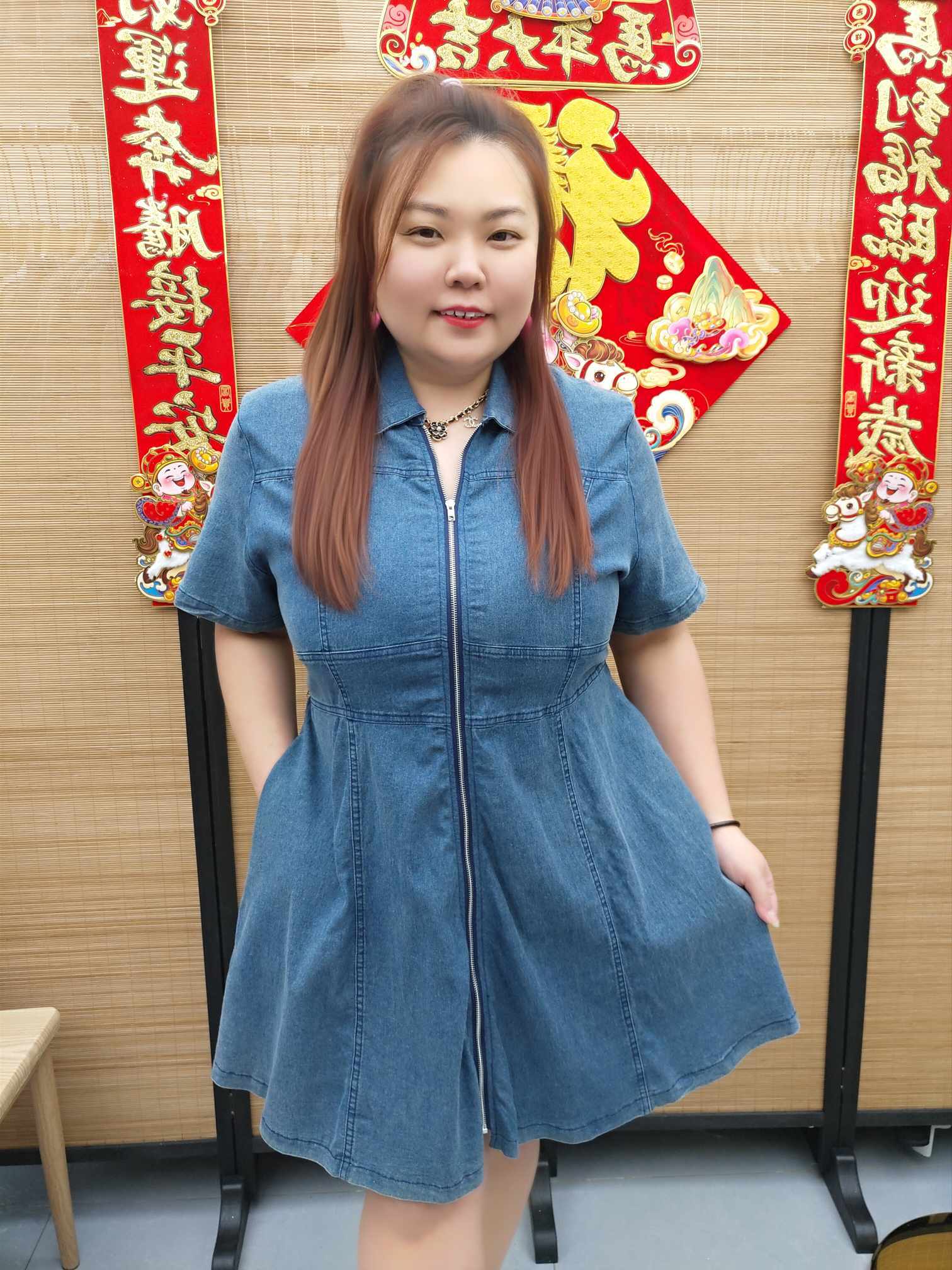 DDG04 6056(B14) 直拉链拼接设计牛仔连衣裙