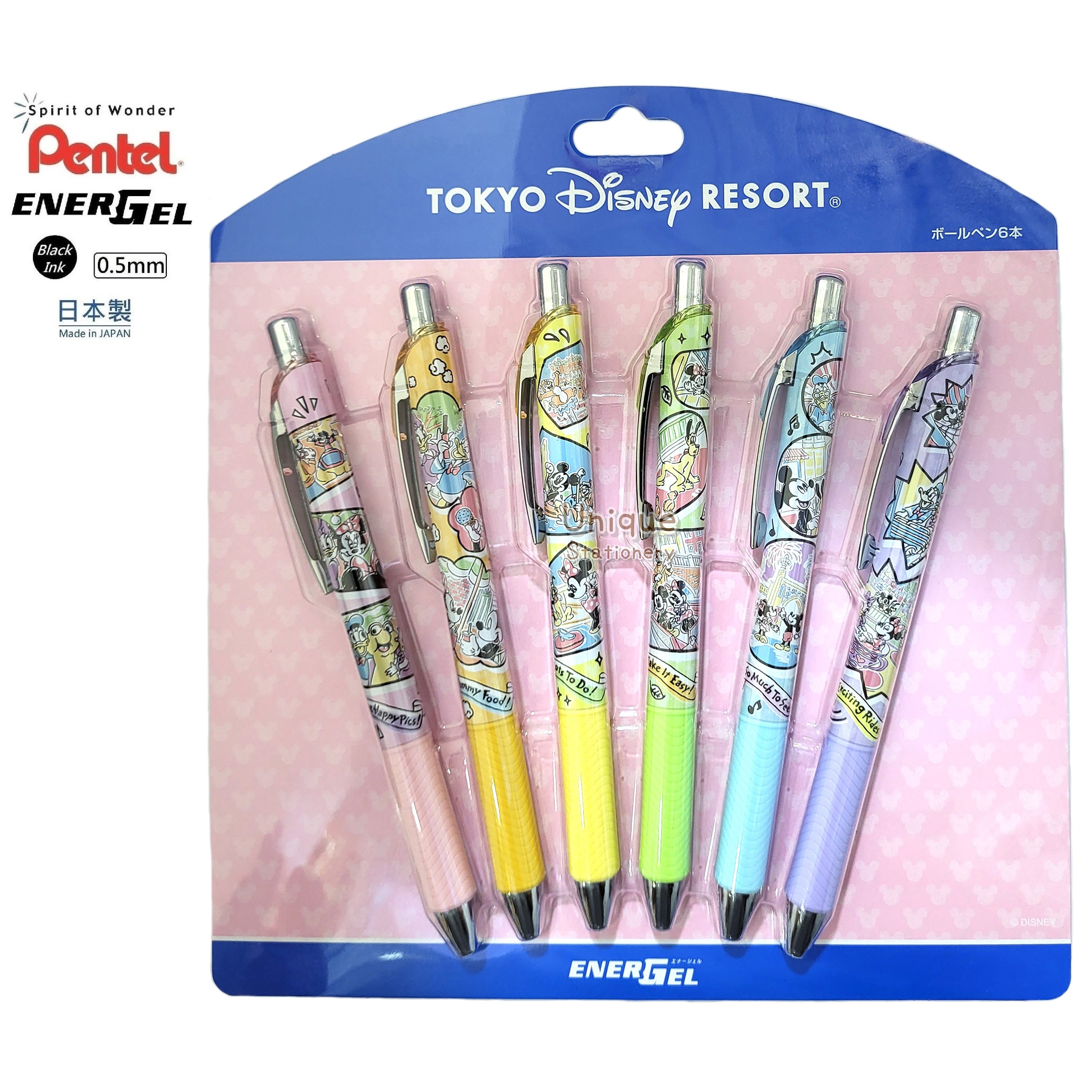 現貨｜【日本 Disney Store 限定】一套6枝 Mickey & Friends 米奇與朋友 日本製 Pentel EnerGel 0.5mm  黑色 啫喱筆 077317