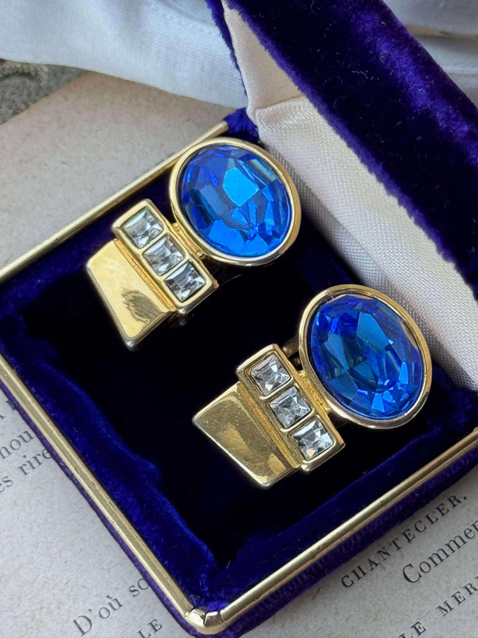 C.a. 1980s Faceted Royal Blue Glass Statement Clip Earrings (MT2644)